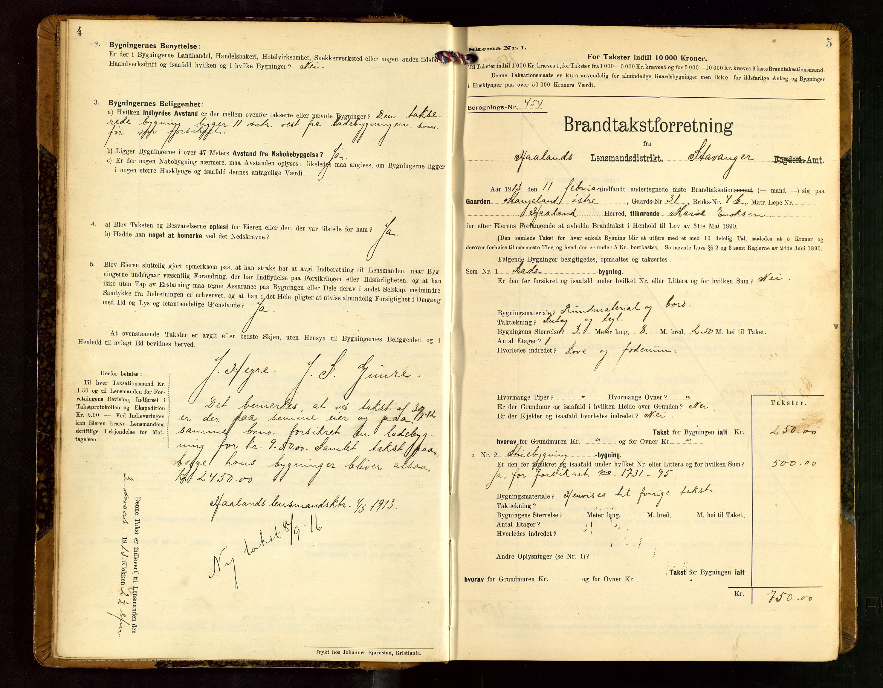 Håland lensmannskontor, AV/SAST-A-100100/Gob/L0004: Branntakstprotokoll - skjematakst. Register i boken., 1913-1915, s. 4-5