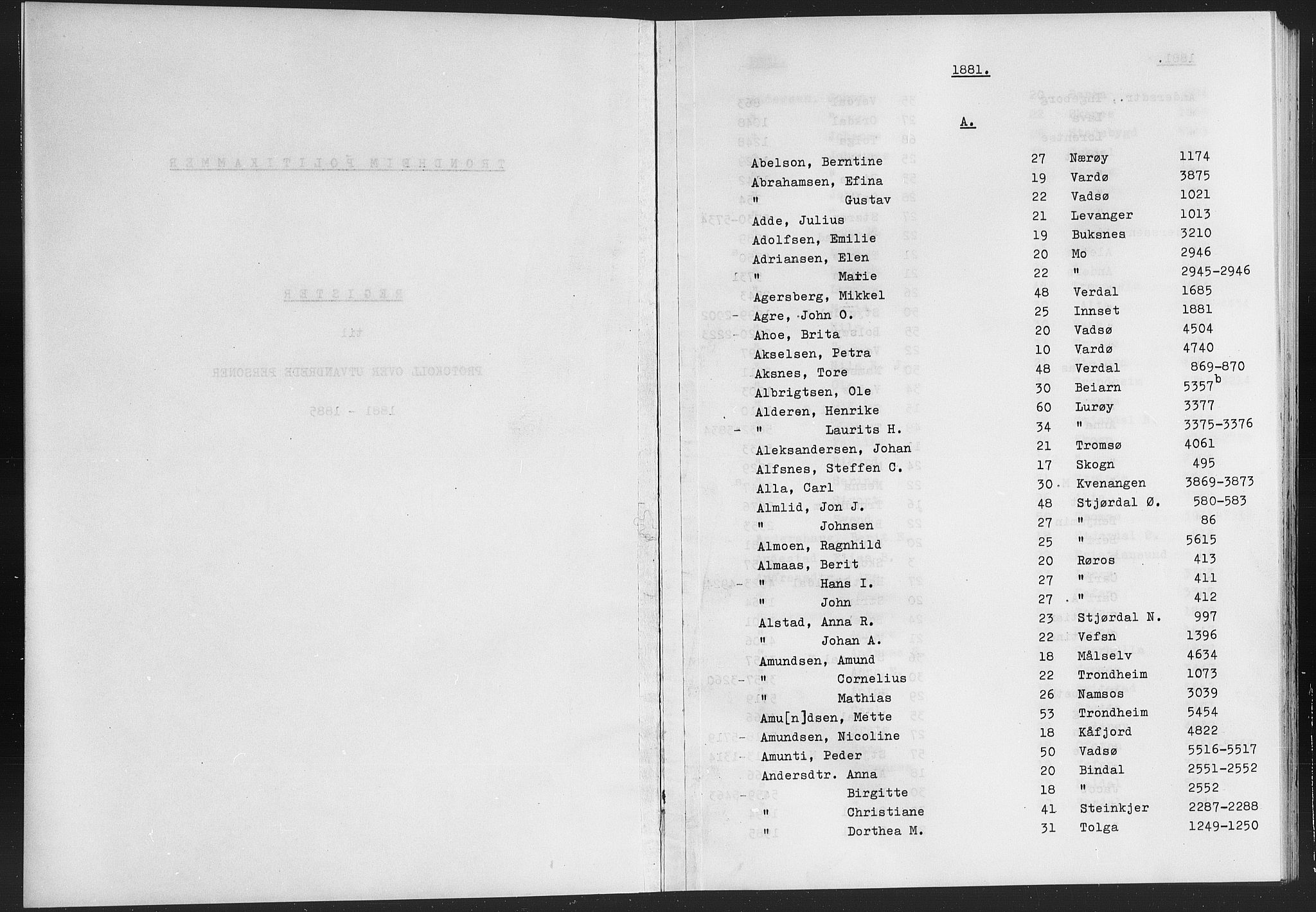 Trondheim politikammer, SAT/A-1887/1/32/L0019/0010: Registre til emigrantprotokollene / Etternavnsregister, 1881-1885
