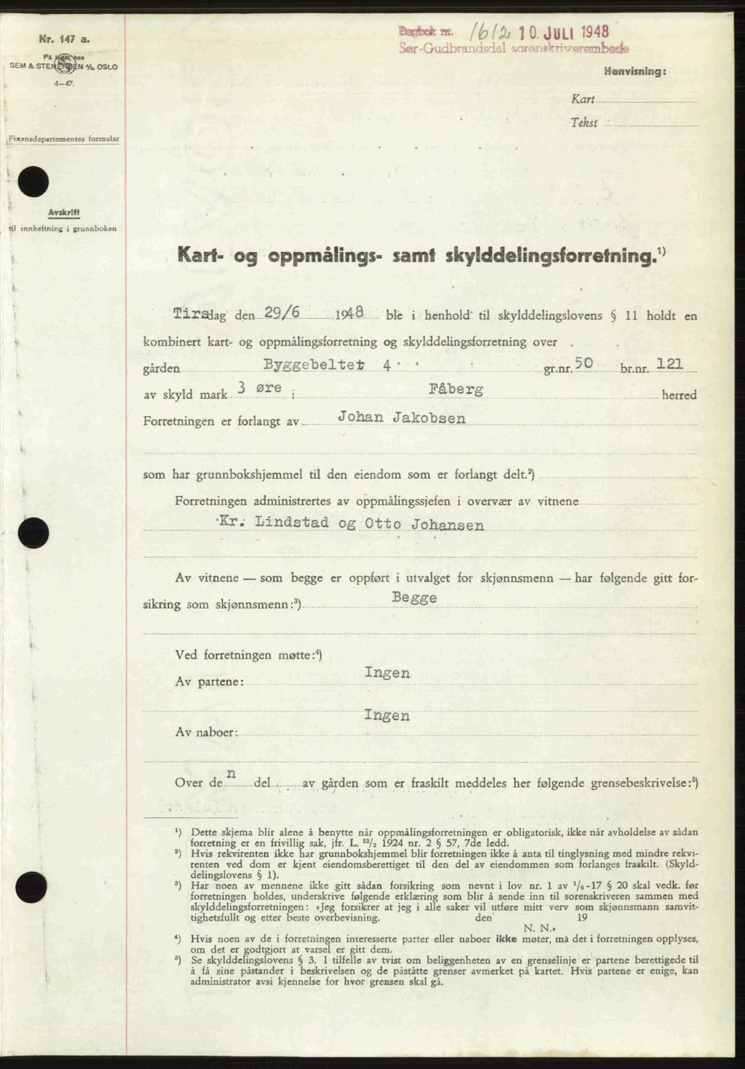 Sør-Gudbrandsdal tingrett, SAH/TING-004/H/Hb/Hbd/L0022: Pantebok nr. A22, 1948-1948, Dagboknr: 1612/1948