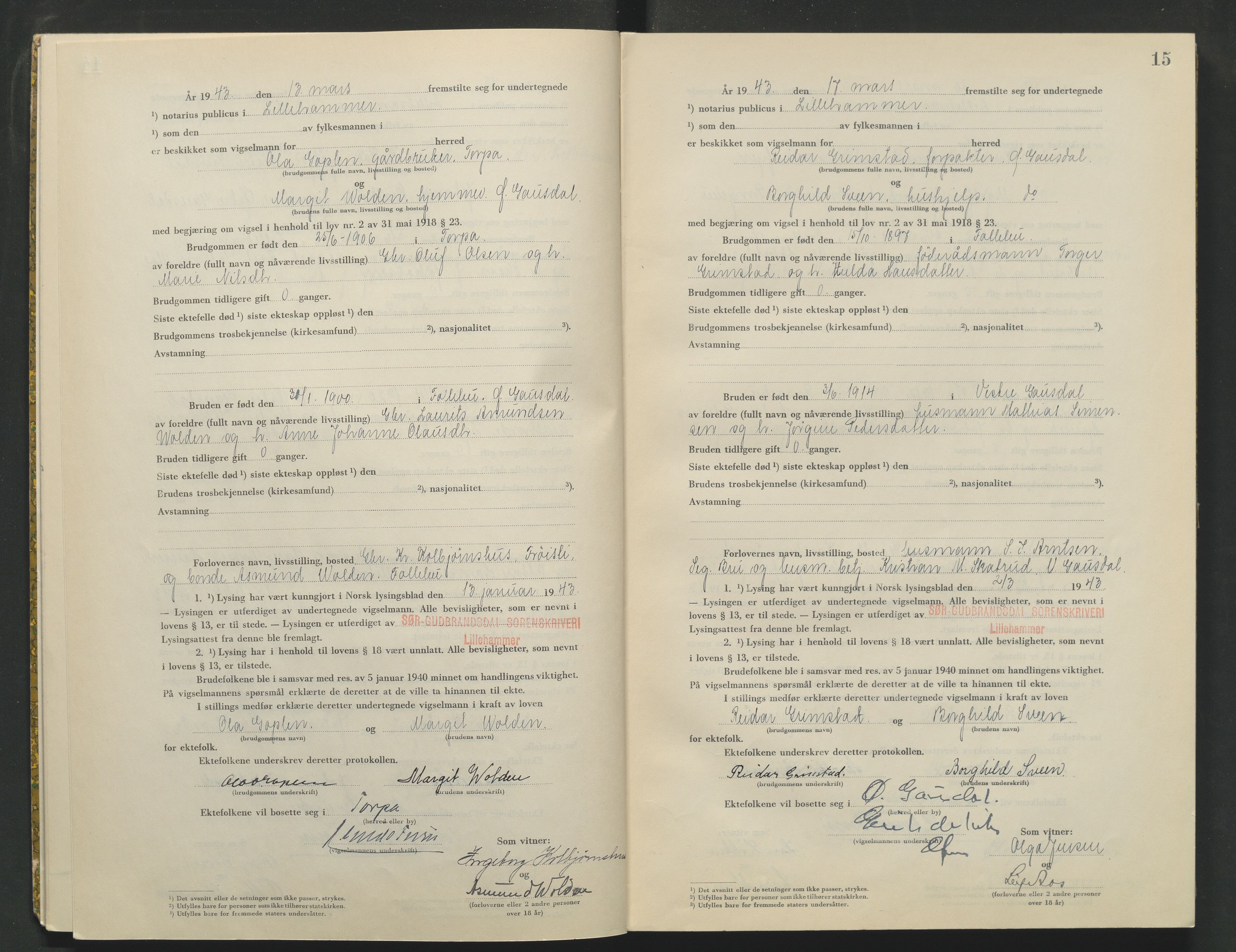 Sør-Gudbrandsdal tingrett, AV/SAH-TING-004/L/Lc/L0003: Vigselsprotokoll, 1943, s. 15