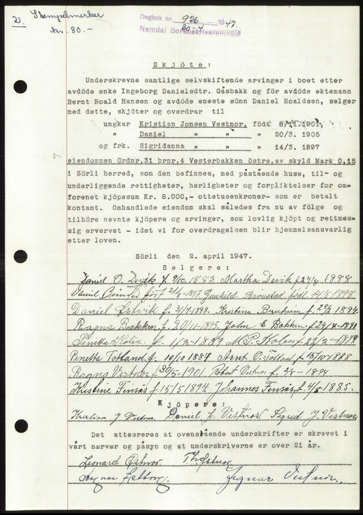 Namdal sorenskriveri, SAT/A-4133/1/2/2C: Pantebok nr. -, 1947-1947, Dagboknr: 926/1947