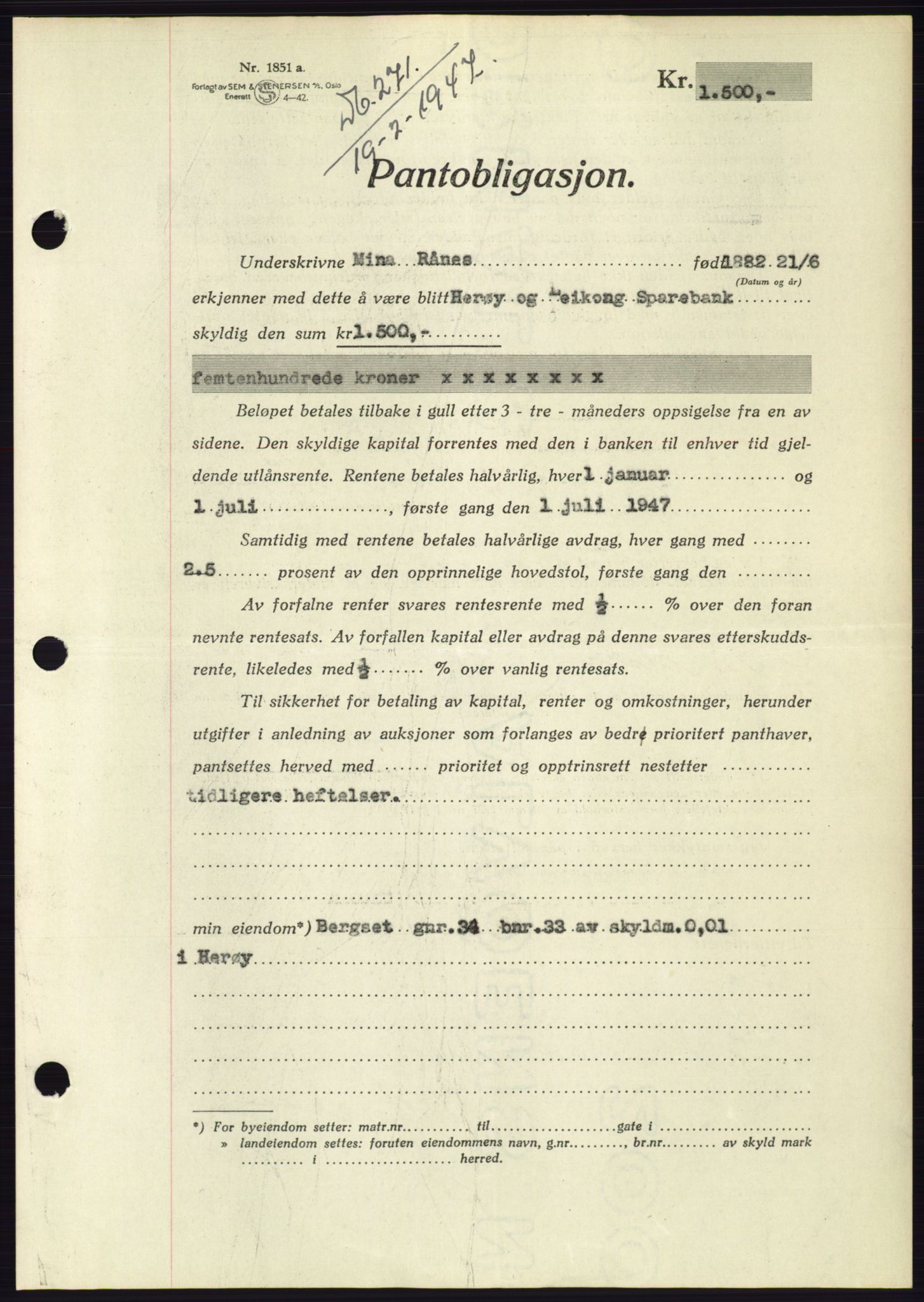 Søre Sunnmøre sorenskriveri, AV/SAT-A-4122/1/2/2C/L0114: Pantebok nr. 1-2B, 1943-1947, Dagboknr: 271/1947