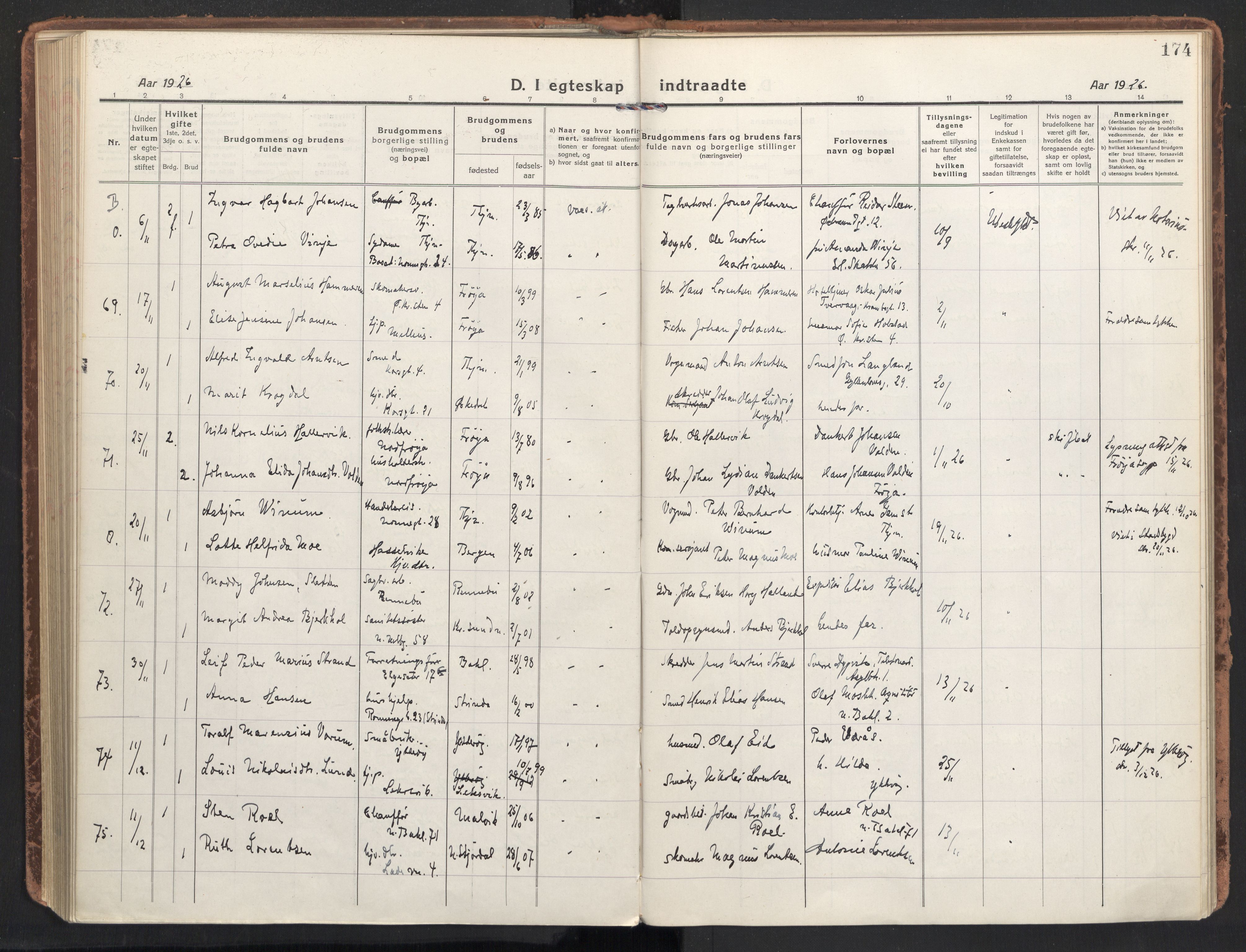 Ministerialprotokoller, klokkerbøker og fødselsregistre - Sør-Trøndelag, SAT/A-1456/604/L0206: Ministerialbok nr. 604A26, 1917-1931, s. 174