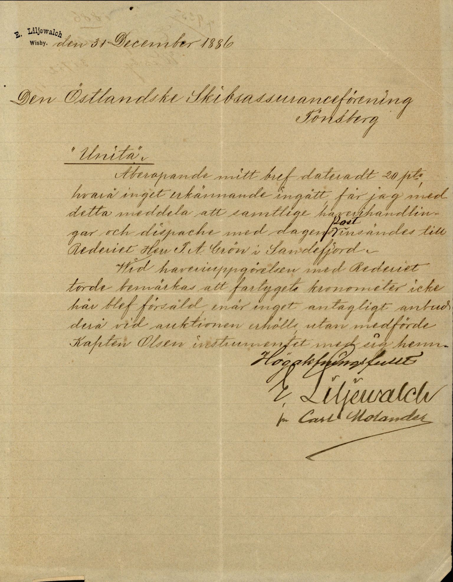 Pa 63 - Østlandske skibsassuranceforening, VEMU/A-1079/G/Ga/L0019/0004: Havaridokumenter / Unita, L'Union, Lympha, Medbør, Kommandør, Svend Foyn, 1886, s. 10