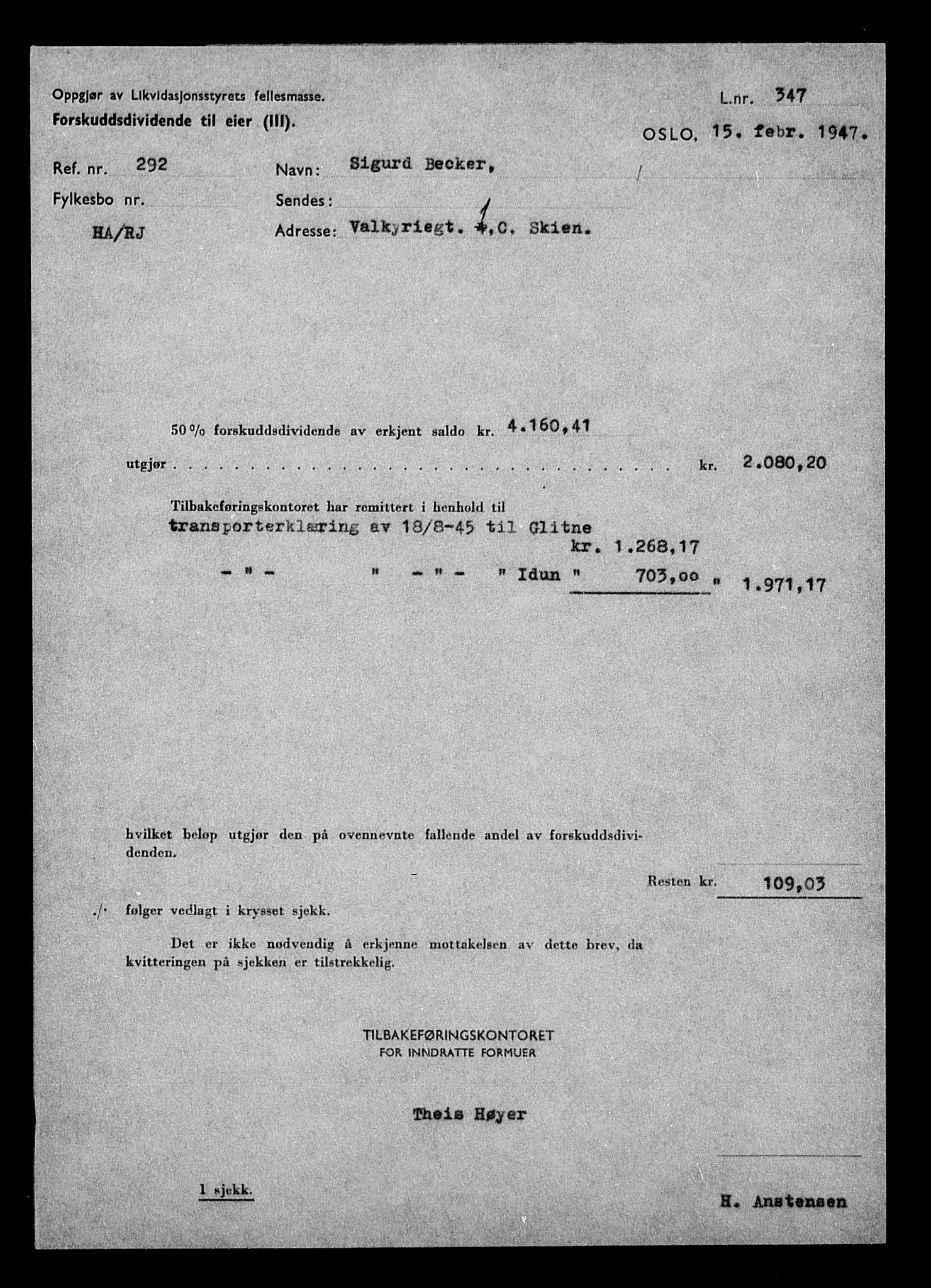 Justisdepartementet, Tilbakeføringskontoret for inndratte formuer, AV/RA-S-1564/H/Hc/Hcd/L0991: --, 1945-1947, s. 10