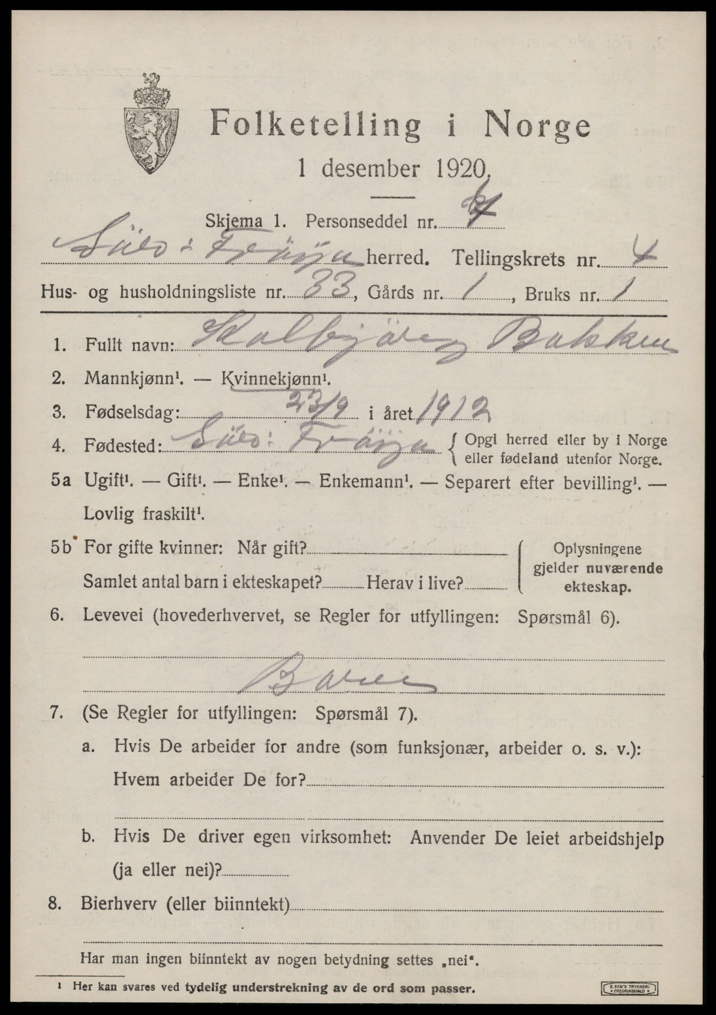 SAT, Folketelling 1920 for 1619 Sør-Frøya herred, 1920, s. 3725