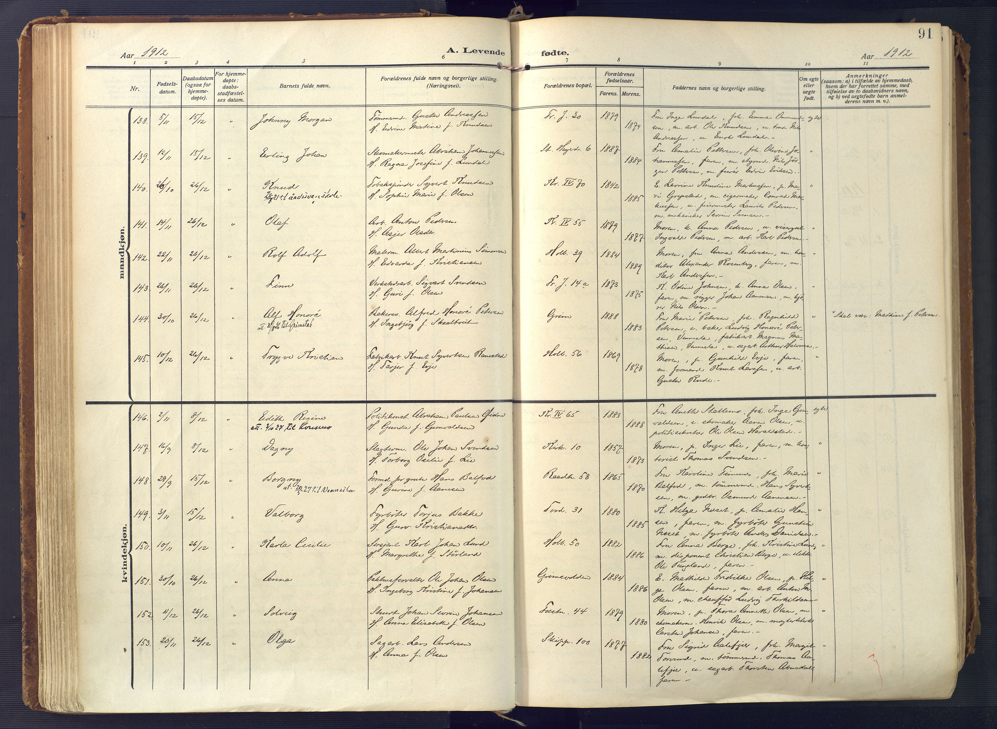 Kristiansand domprosti, AV/SAK-1112-0006/F/Fa/L0023: Ministerialbok nr. A 22, 1909-1917, s. 91
