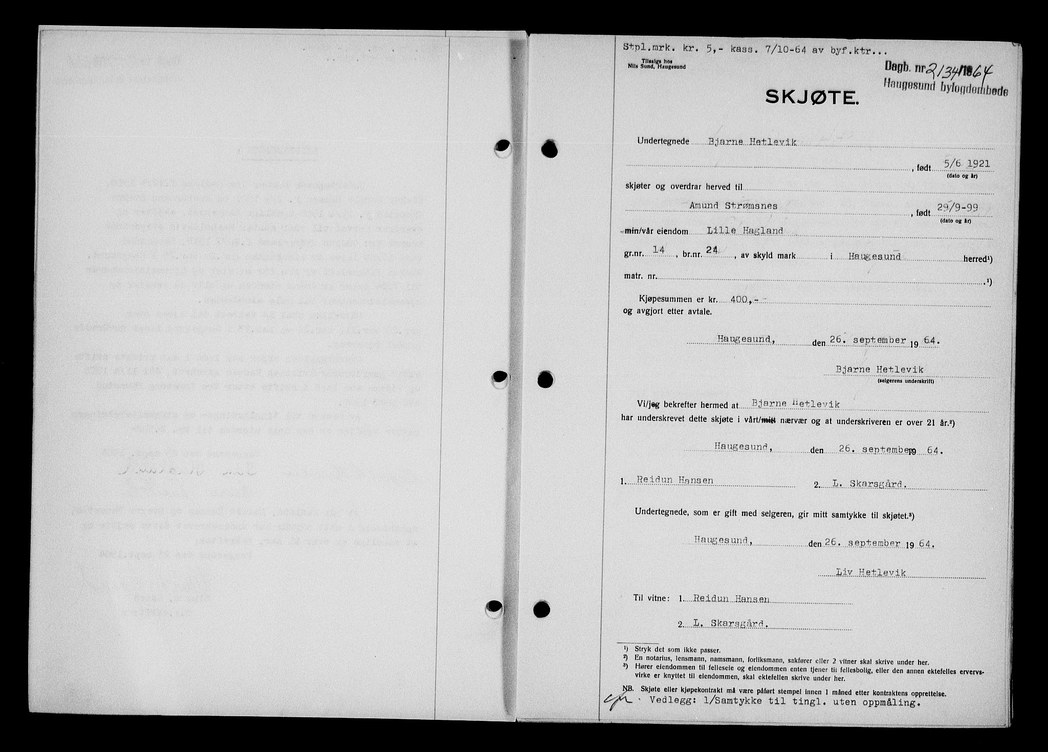 Haugesund tingrett, AV/SAST-A-101415/01/II/IIC/L0075: Pantebok nr. A 16, 1964-1965, Dagboknr: 2134/1964