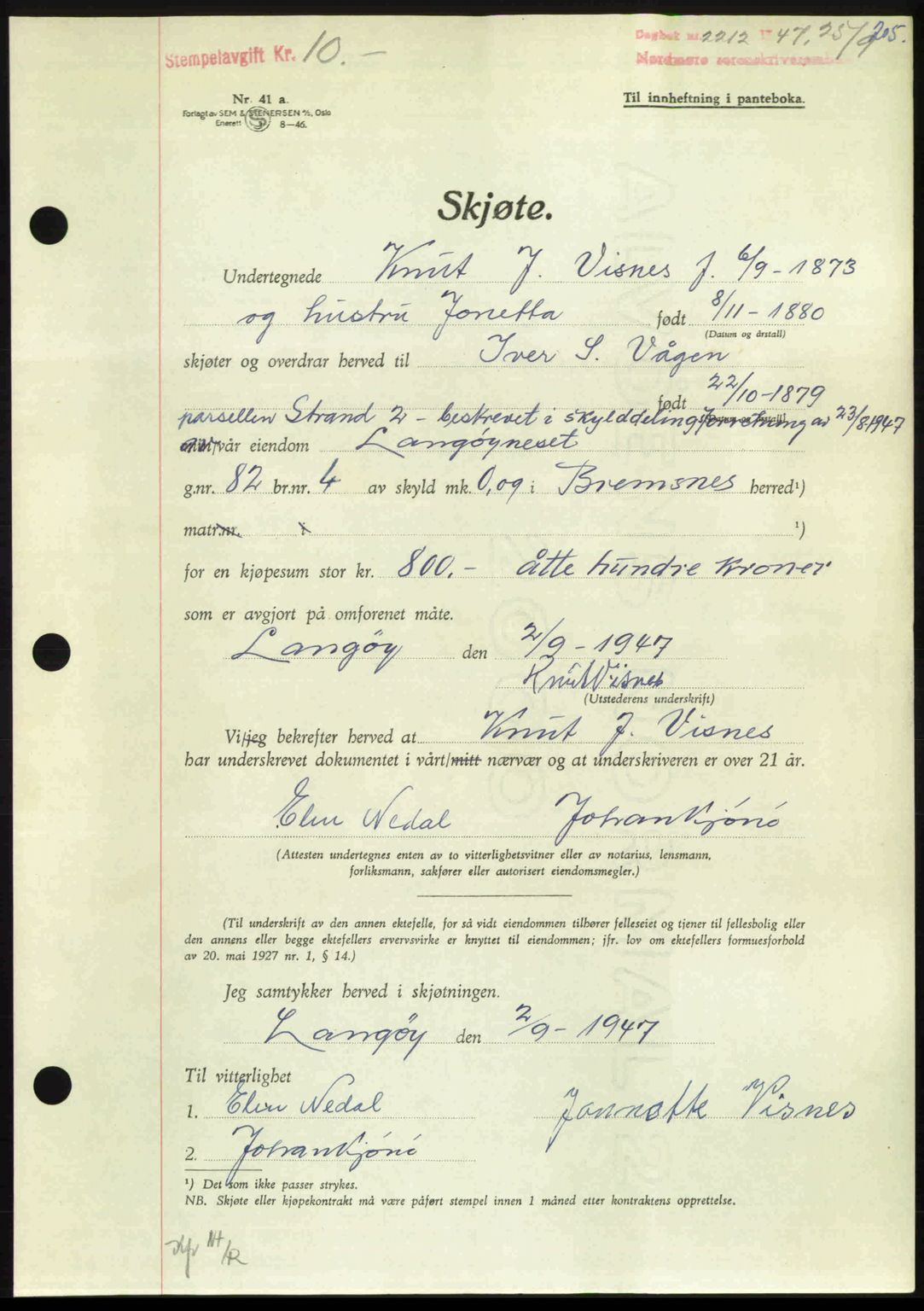 Nordmøre sorenskriveri, AV/SAT-A-4132/1/2/2Ca: Pantebok nr. A106, 1947-1947, Dagboknr: 2212/1947