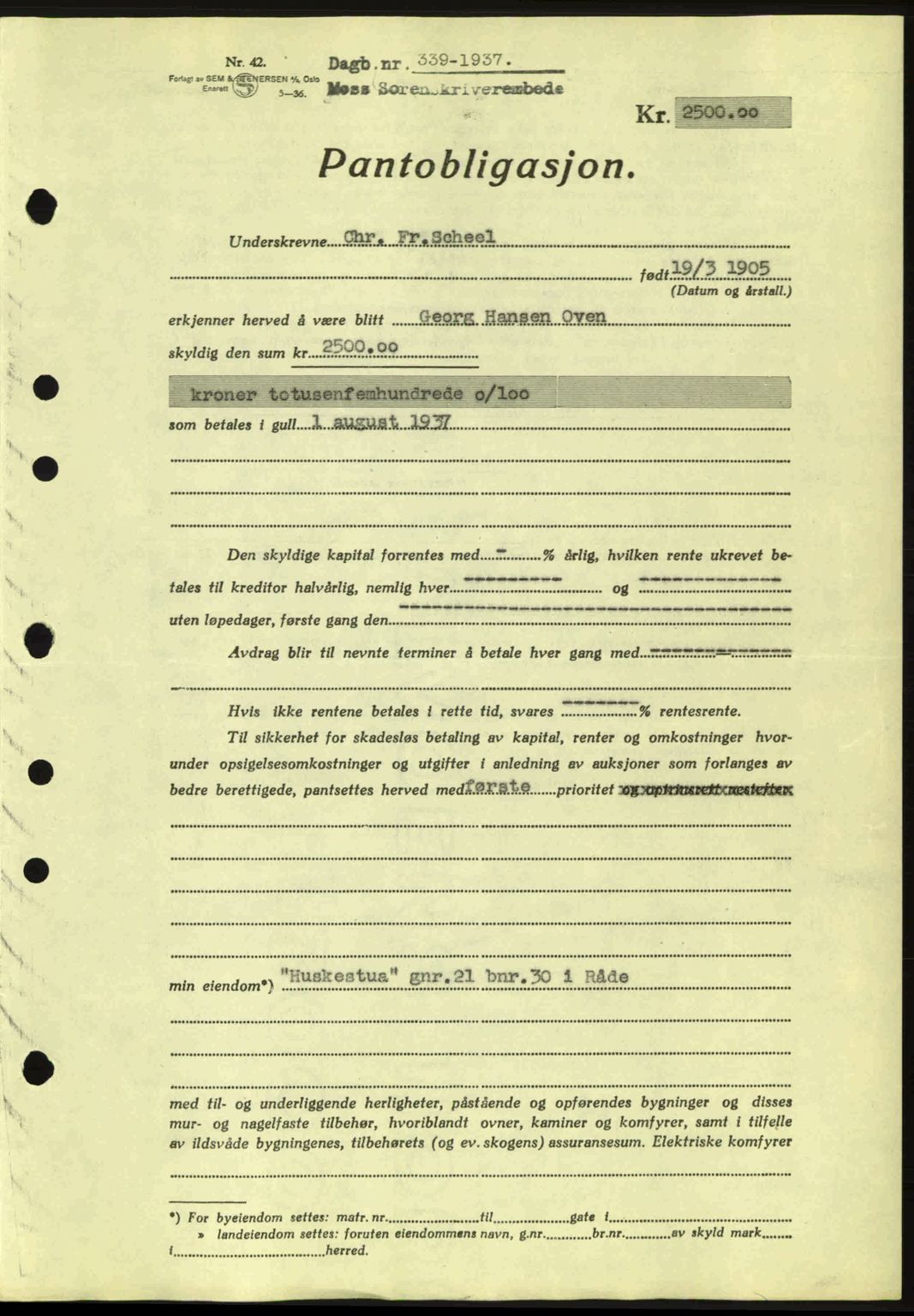Moss sorenskriveri, SAO/A-10168: Pantebok nr. B3, 1937-1937, Dagboknr: 339/1937