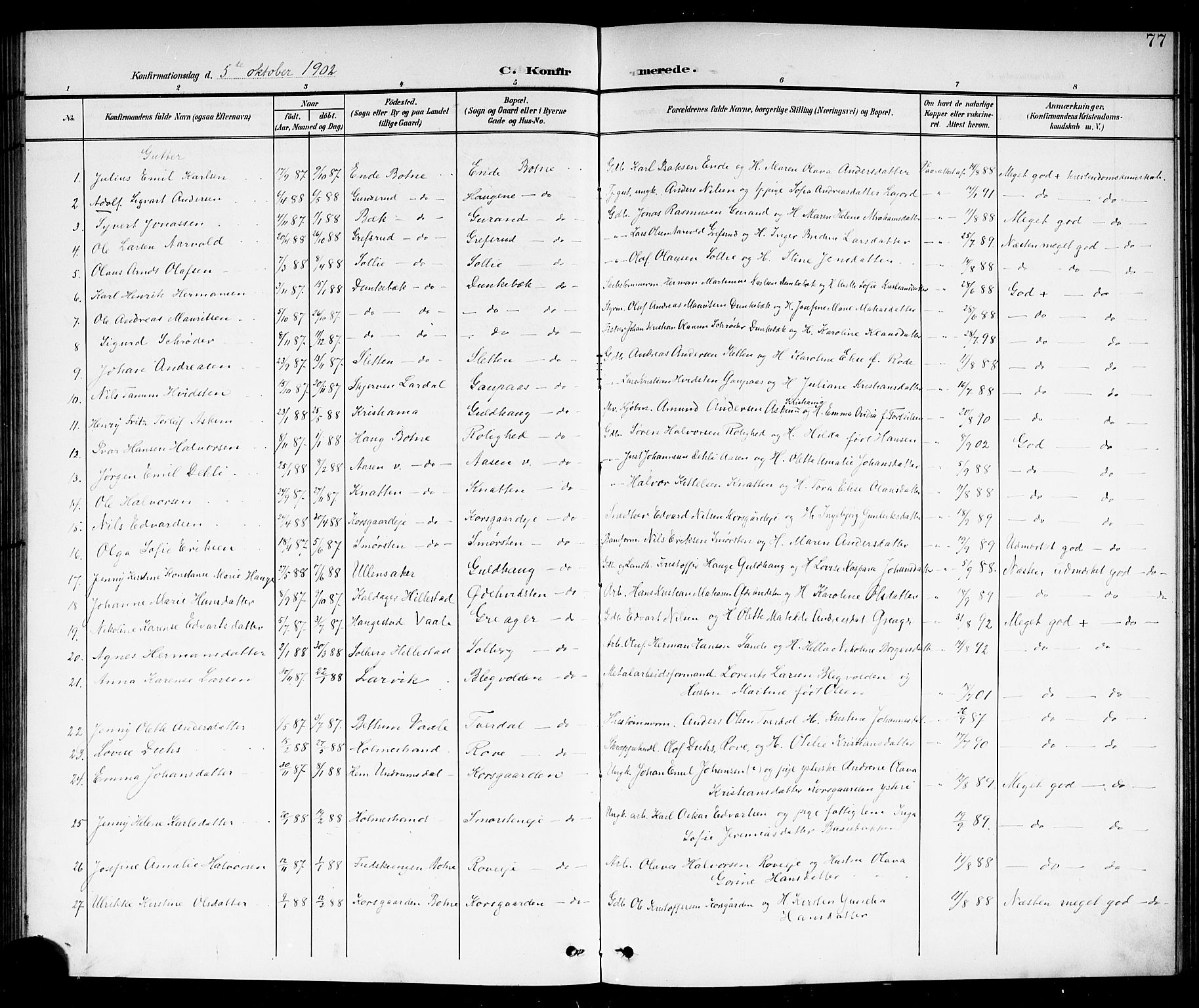 Botne kirkebøker, AV/SAKO-A-340/G/Ga/L0004: Klokkerbok nr. I 4, 1899-1915, s. 77