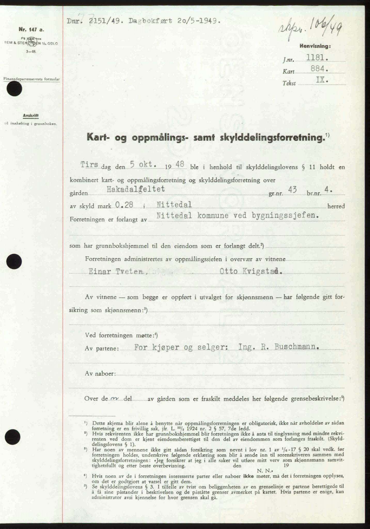 Nedre Romerike sorenskriveri, SAO/A-10469/G/Gb/Gbd/L0025: Pantebok nr. 25, 1949-1949, Dagboknr: 2151/1949