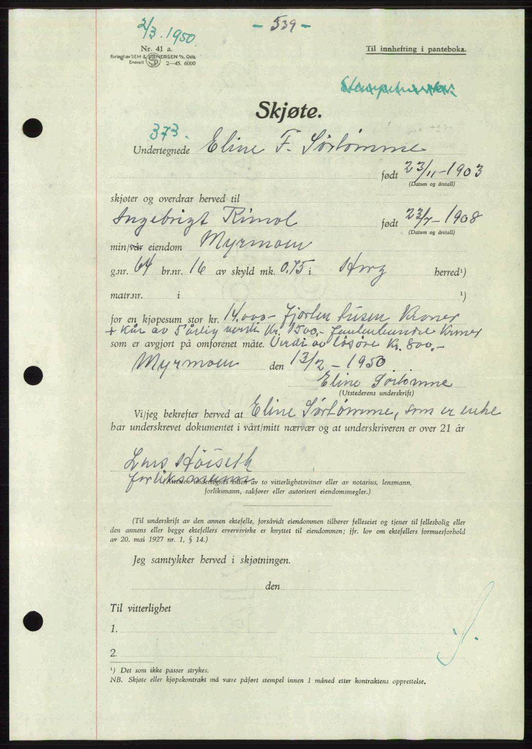 Gauldal sorenskriveri, SAT/A-0014/1/2/2C: Pantebok nr. A9, 1949-1950, Dagboknr: 373/1950