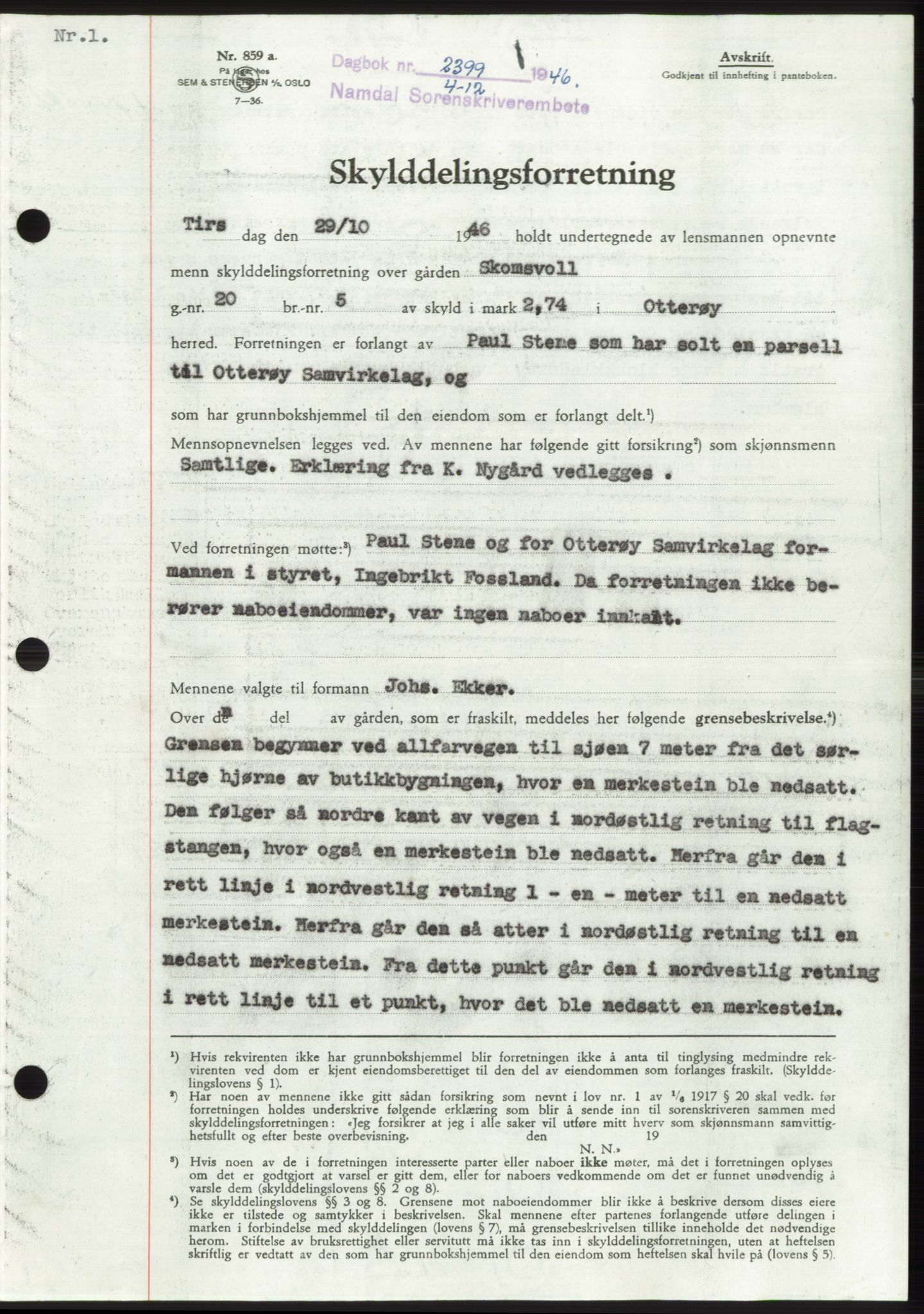 Namdal sorenskriveri, SAT/A-4133/1/2/2C: Pantebok nr. -, 1946-1947, Dagboknr: 2399/1946