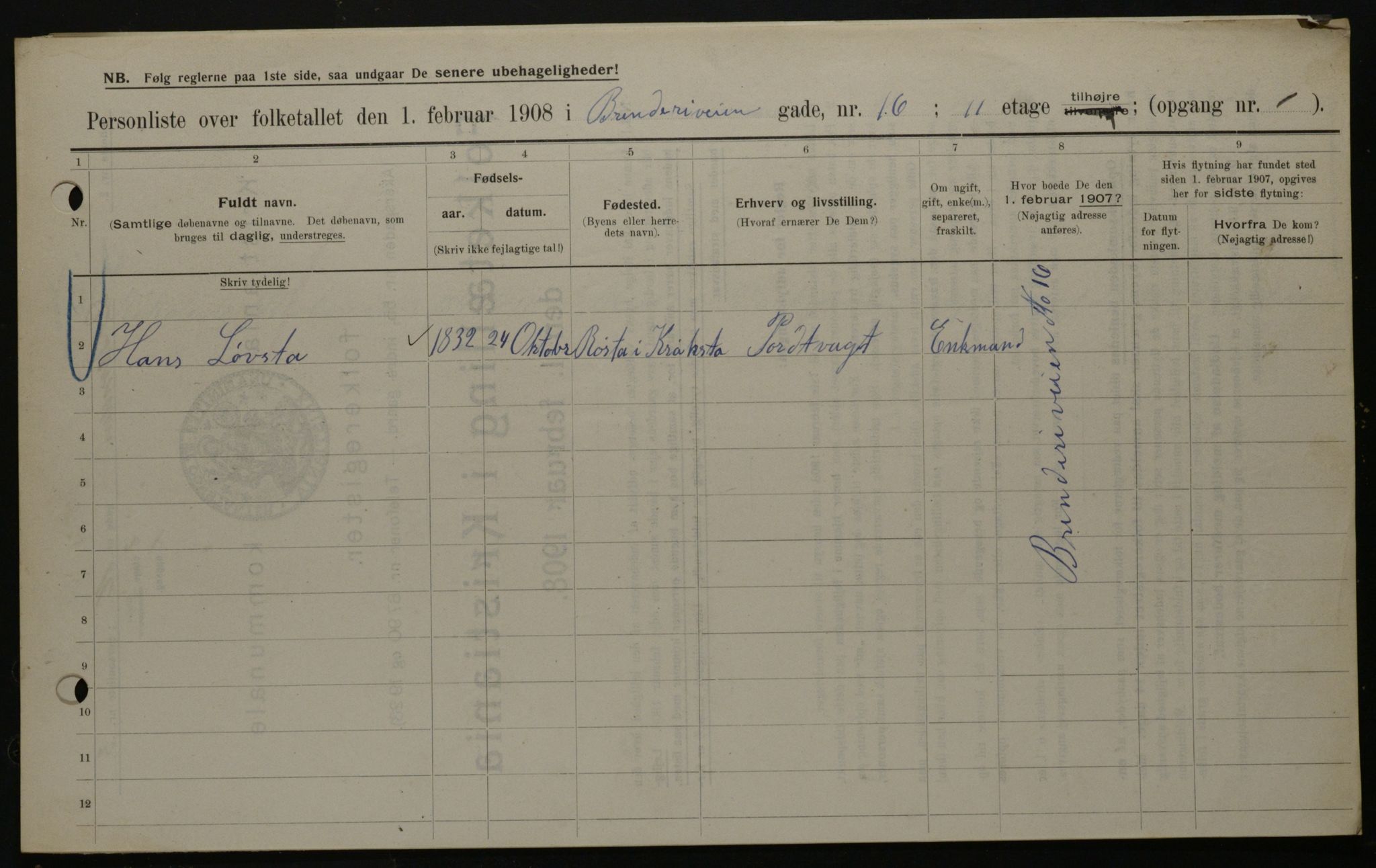 OBA, Kommunal folketelling 1.2.1908 for Kristiania kjøpstad, 1908, s. 8343