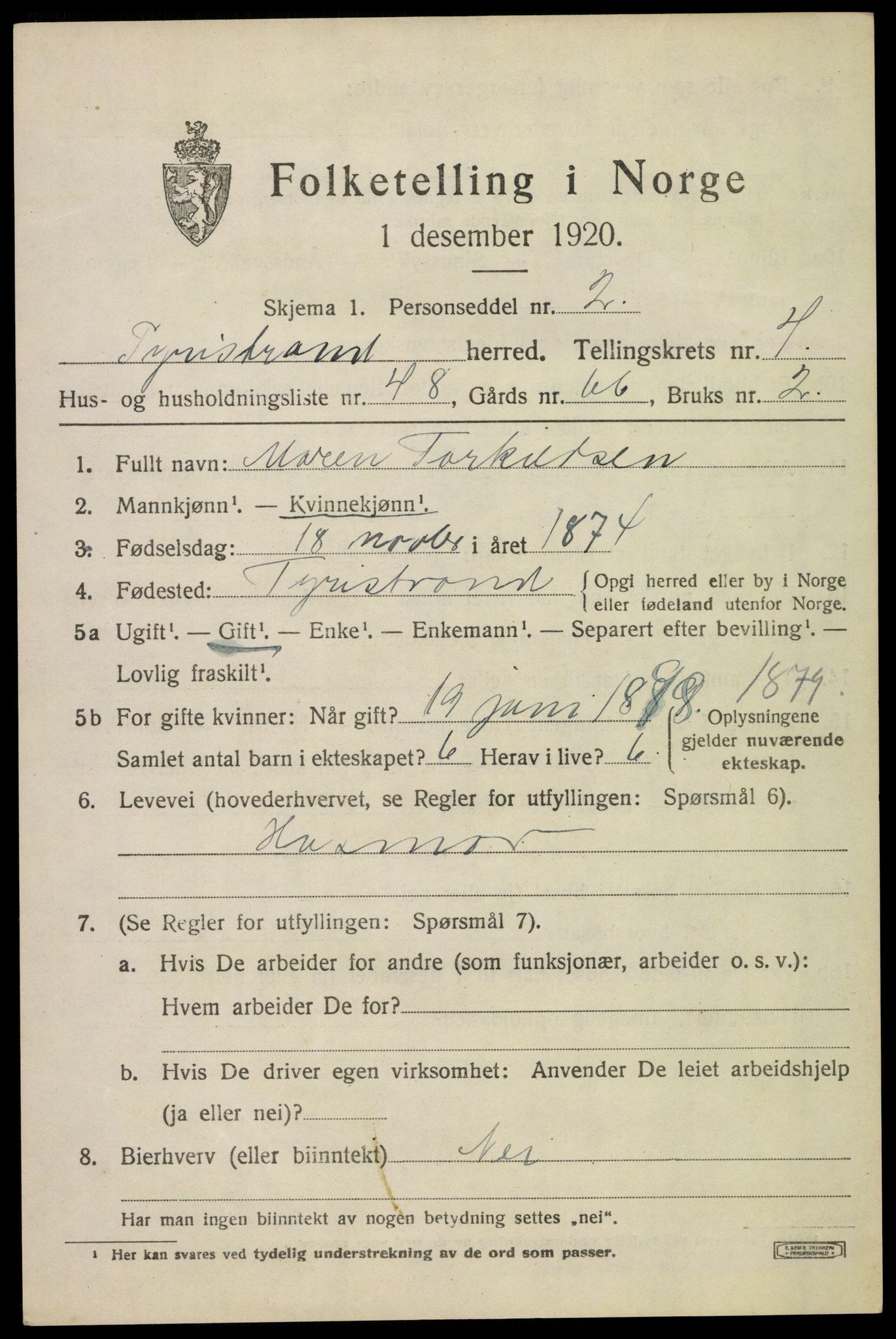 SAKO, Folketelling 1920 for 0611 Tyristrand herred, 1920, s. 3602