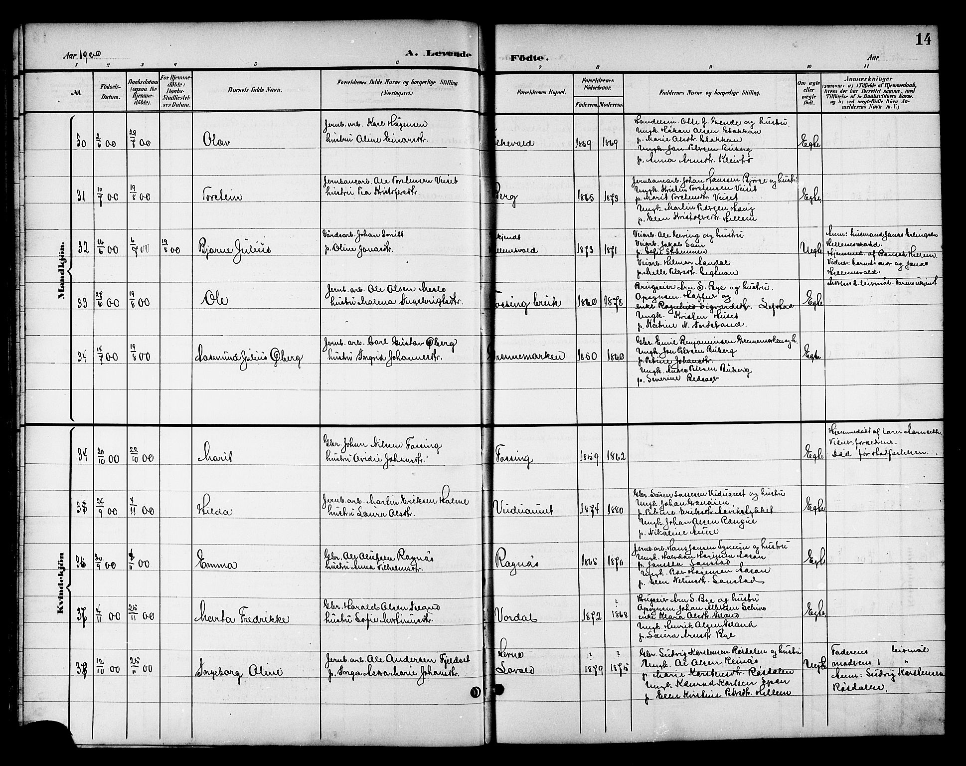 Ministerialprotokoller, klokkerbøker og fødselsregistre - Nord-Trøndelag, AV/SAT-A-1458/714/L0135: Klokkerbok nr. 714C04, 1899-1918, s. 14