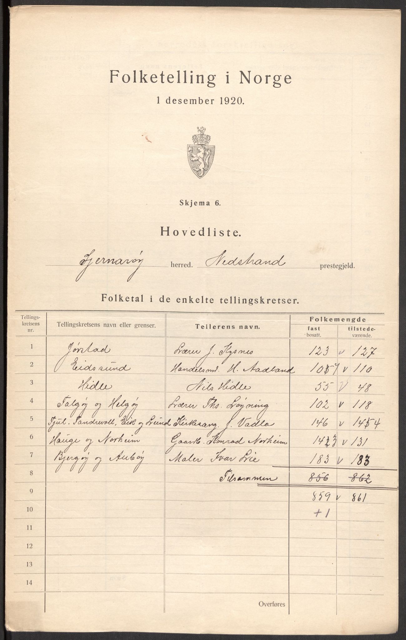 SAST, Folketelling 1920 for 1140 Sjernarøy herred, 1920, s. 10