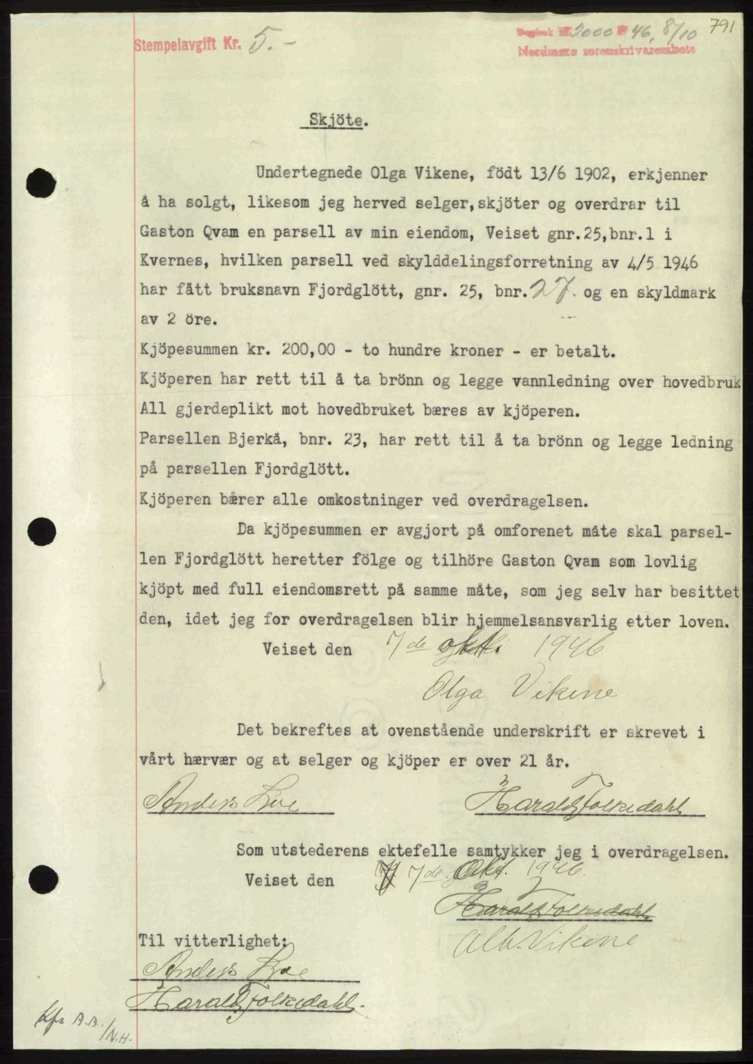 Nordmøre sorenskriveri, SAT/A-4132/1/2/2Ca: Pantebok nr. A102, 1946-1946, Dagboknr: 2000/1946