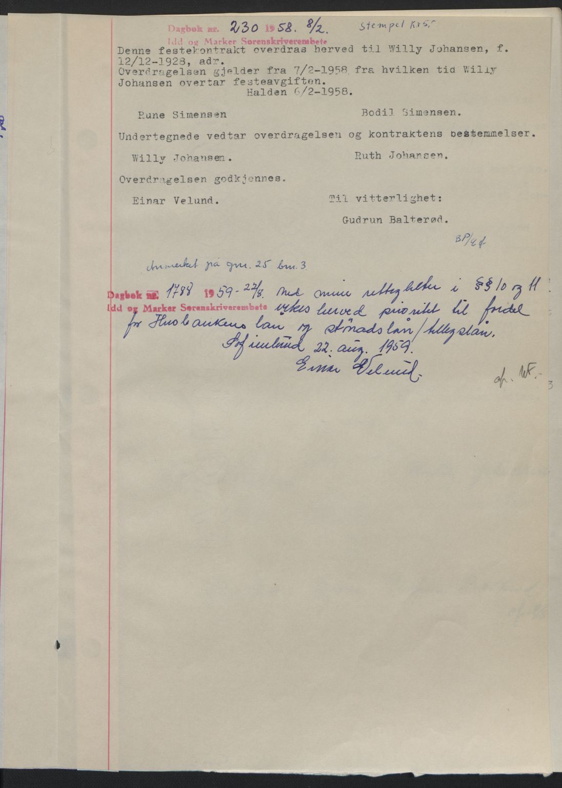 Idd og Marker sorenskriveri, AV/SAO-A-10283/G/Gb/Gbb/L0012: Pantebok nr. A12, 1949-1949, Dagboknr: 230/1958