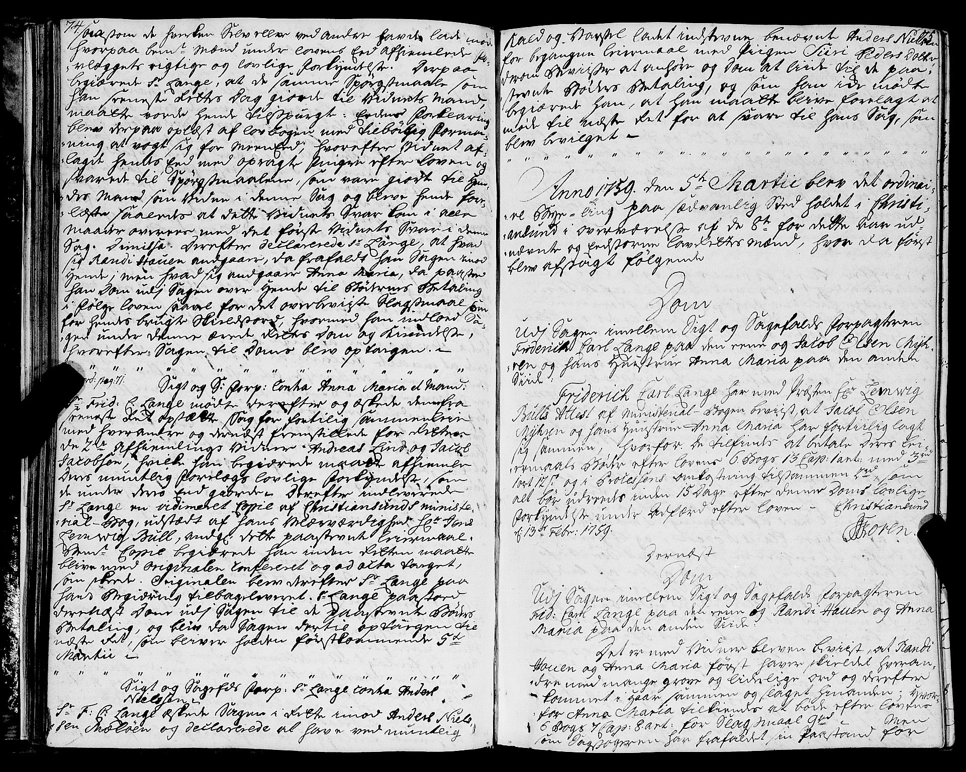 Kristiansund byfogd, AV/SAT-A-4587/A/01/L0003: Justisprotokoll. Aut. 19.06.1758. m/register, 1758-1773, s. 74-75