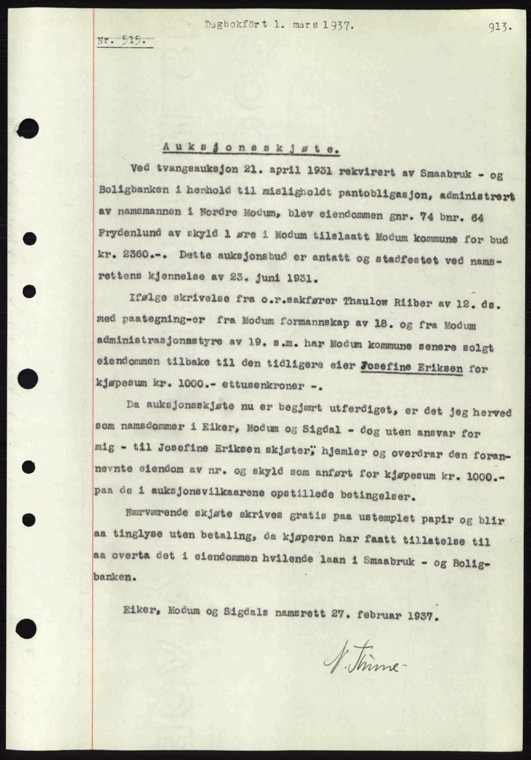 Eiker, Modum og Sigdal sorenskriveri, SAKO/A-123/G/Ga/Gab/L0034: Pantebok nr. A4, 1936-1937, Dagboknr: 515/1937