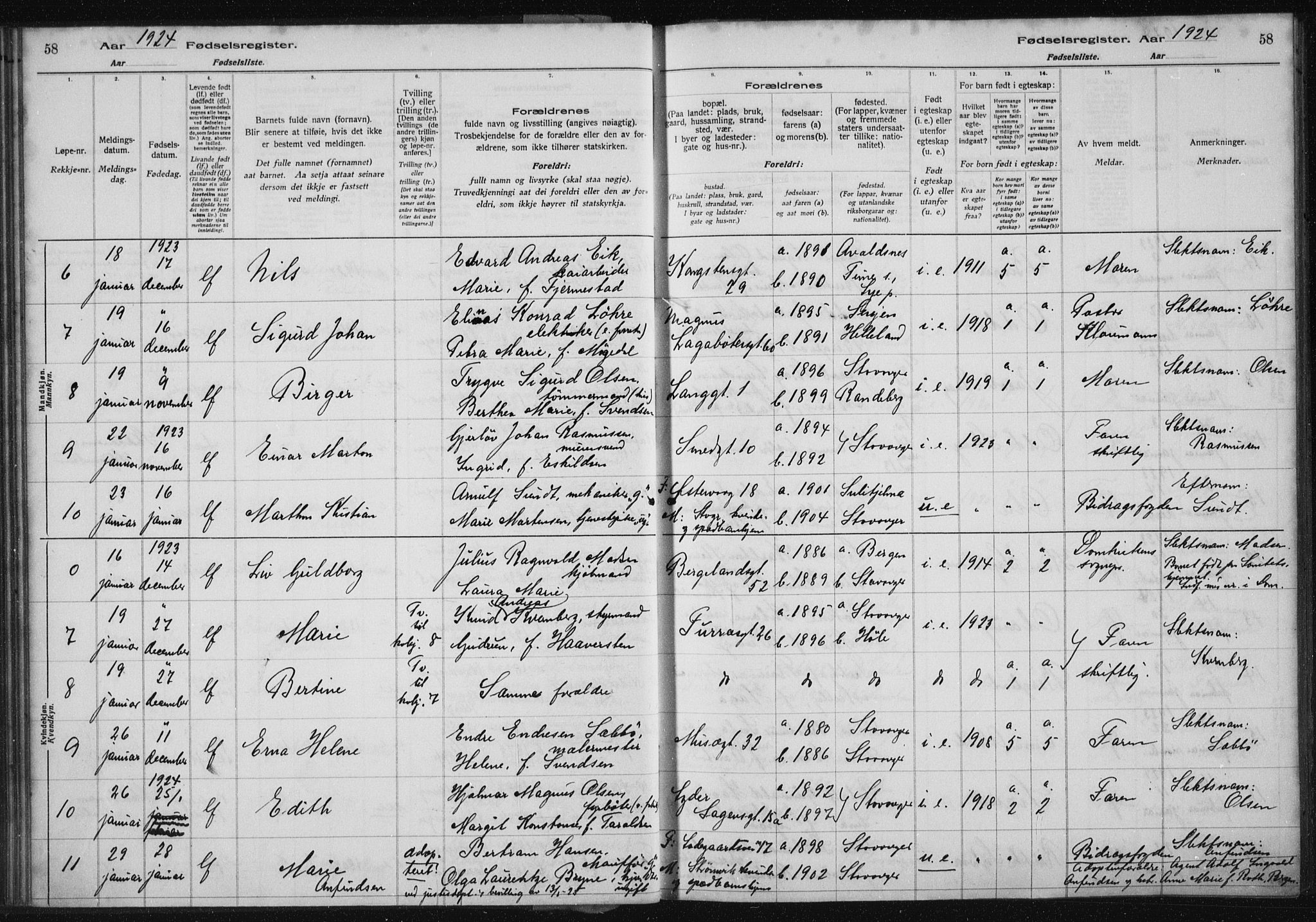 St. Petri sokneprestkontor, AV/SAST-A-101813/002/A/L0002: Fødselsregister nr. 2, 1922-1929, s. 58