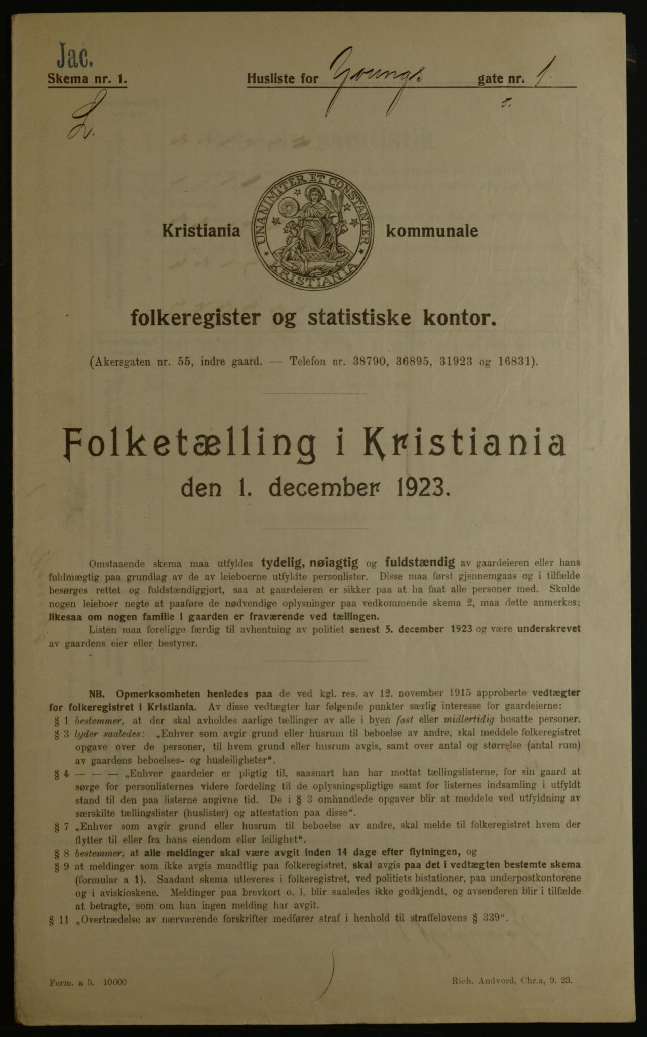 OBA, Kommunal folketelling 1.12.1923 for Kristiania, 1923, s. 141759