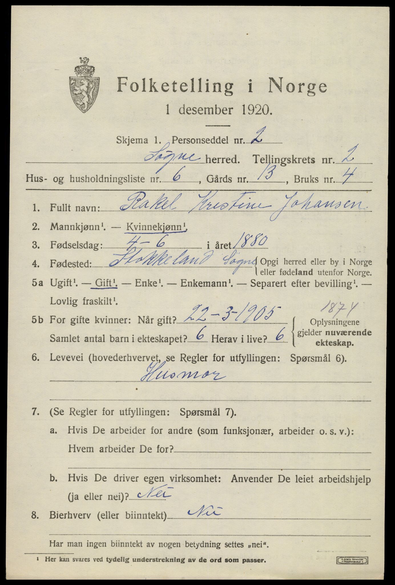 SAK, Folketelling 1920 for 1018 Søgne herred, 1920, s. 1495