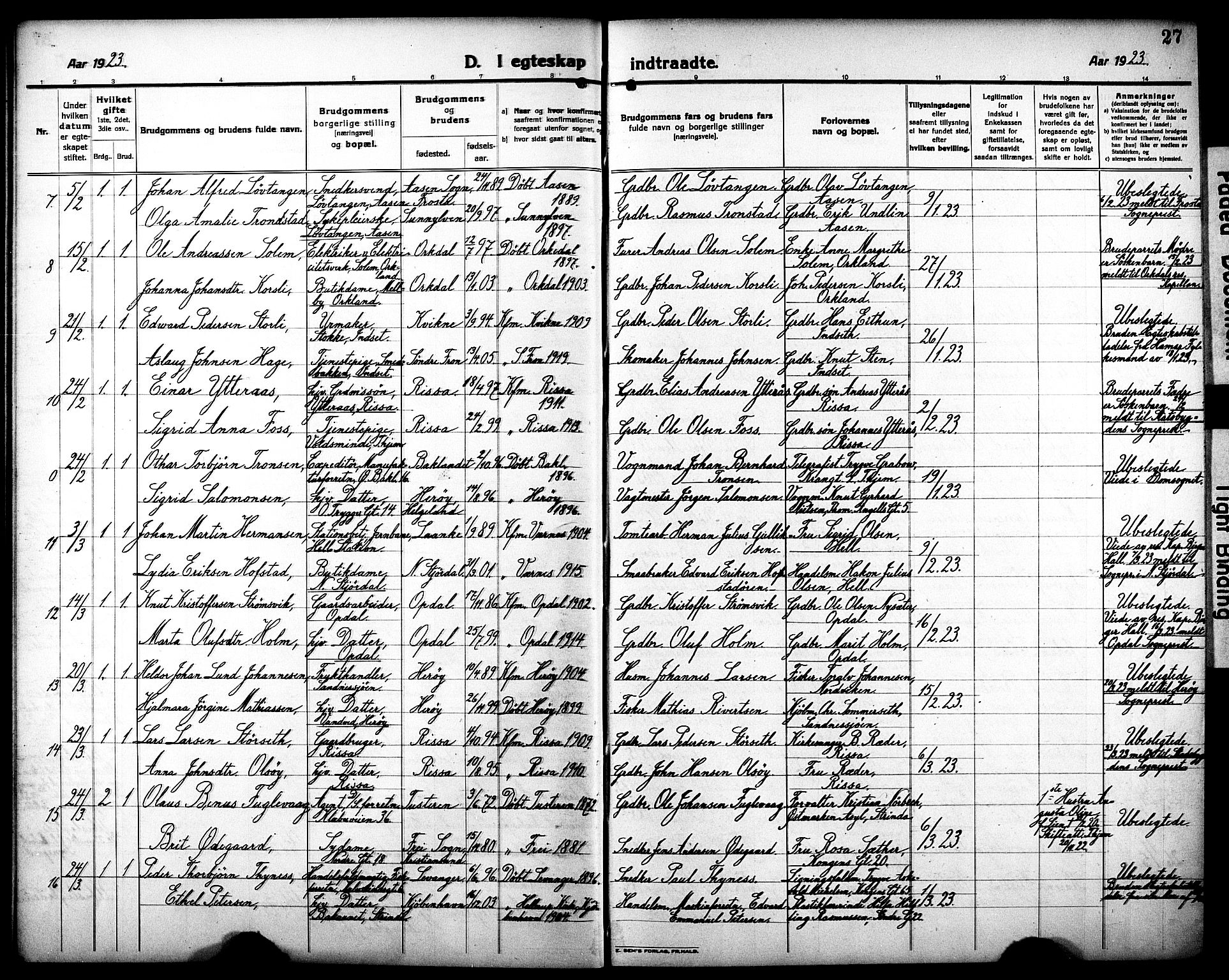 Ministerialprotokoller, klokkerbøker og fødselsregistre - Sør-Trøndelag, SAT/A-1456/602/L0149: Klokkerbok nr. 602C17, 1919-1932, s. 27