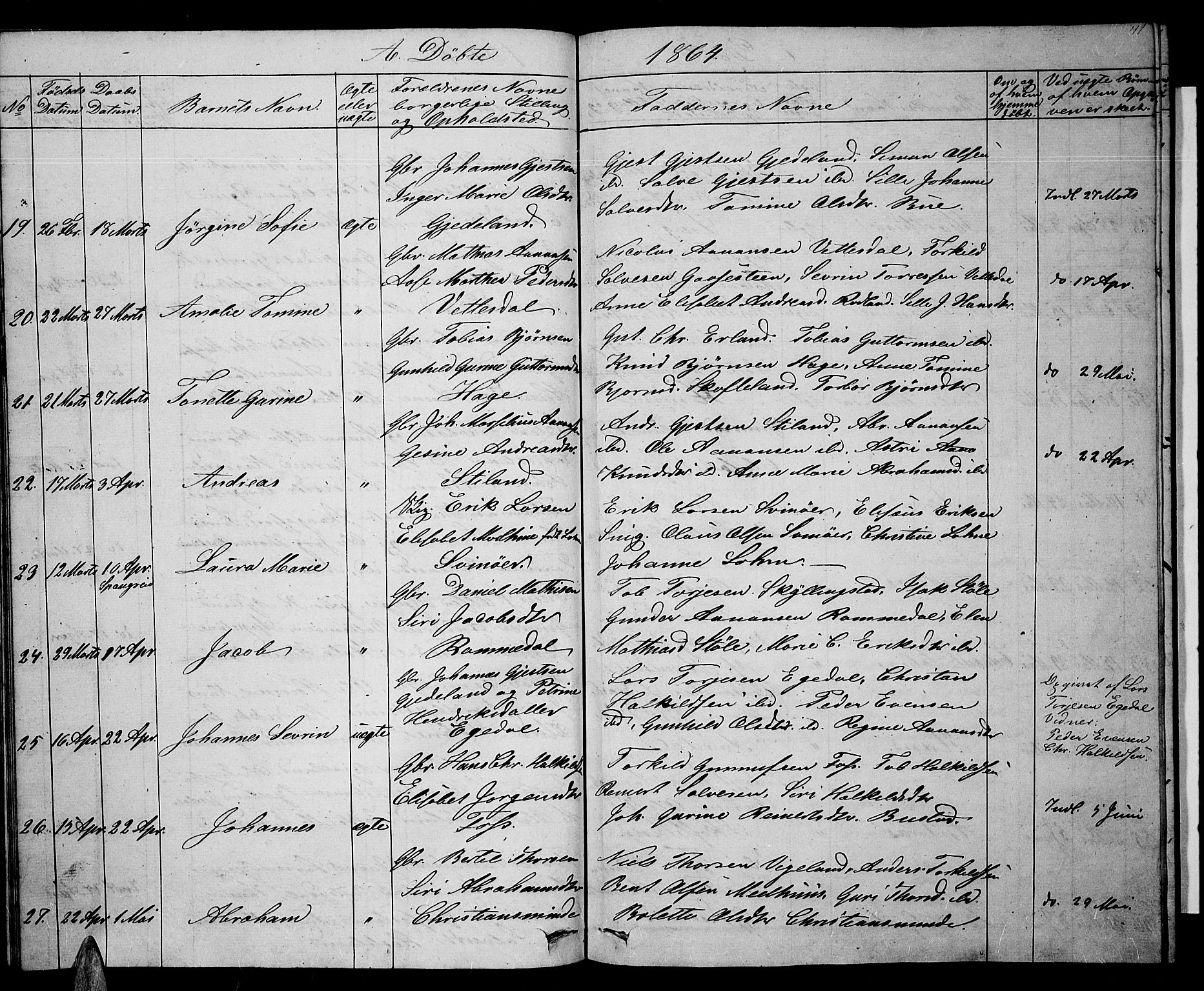 Sør-Audnedal sokneprestkontor, AV/SAK-1111-0039/F/Fb/Fbb/L0003: Klokkerbok nr. B 3, 1859-1868, s. 41
