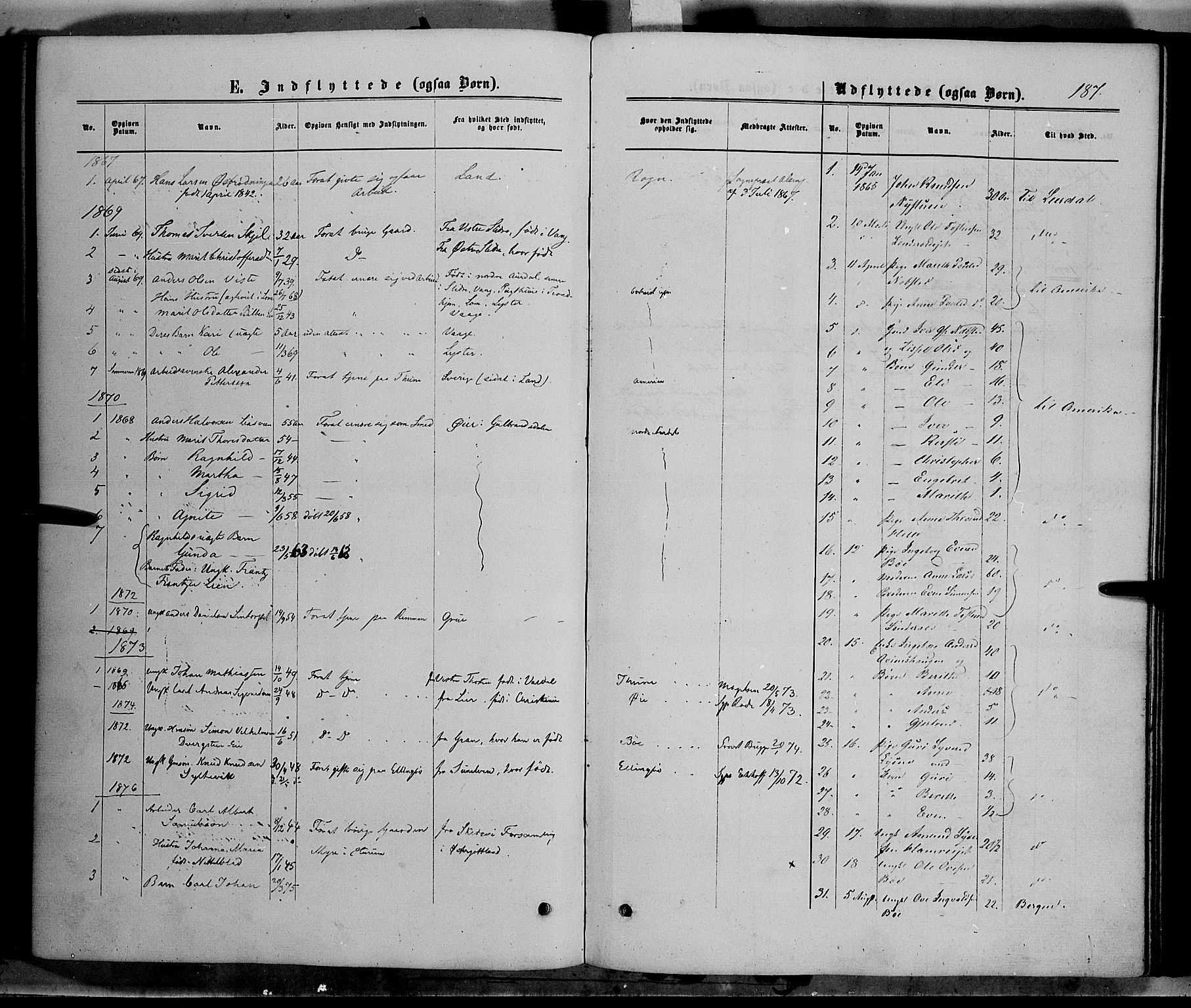 Vang prestekontor, Valdres, AV/SAH-PREST-140/H/Ha/L0007: Ministerialbok nr. 7, 1865-1881, s. 187