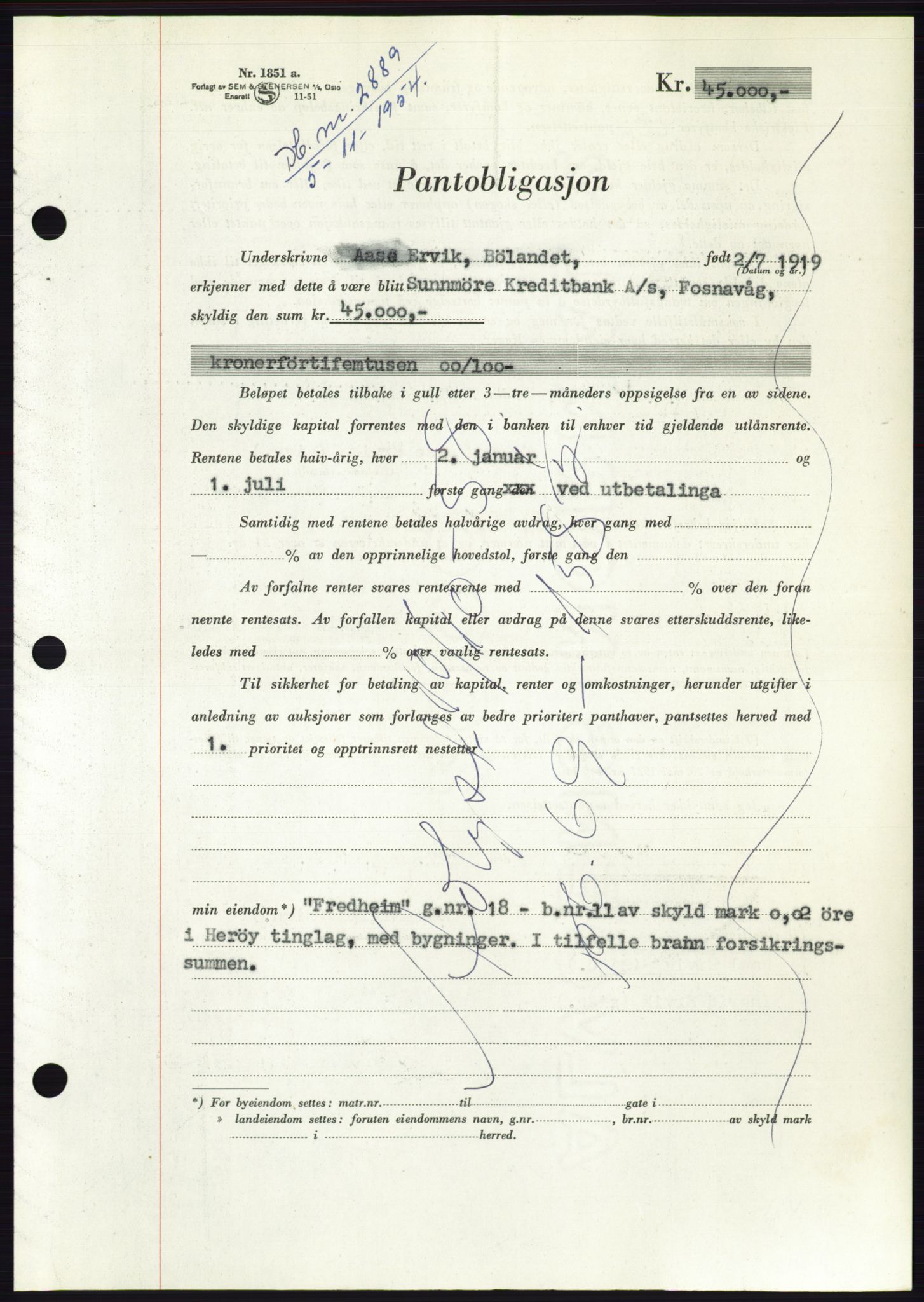 Søre Sunnmøre sorenskriveri, AV/SAT-A-4122/1/2/2C/L0126: Pantebok nr. 14B, 1954-1955, Dagboknr: 2889/1954