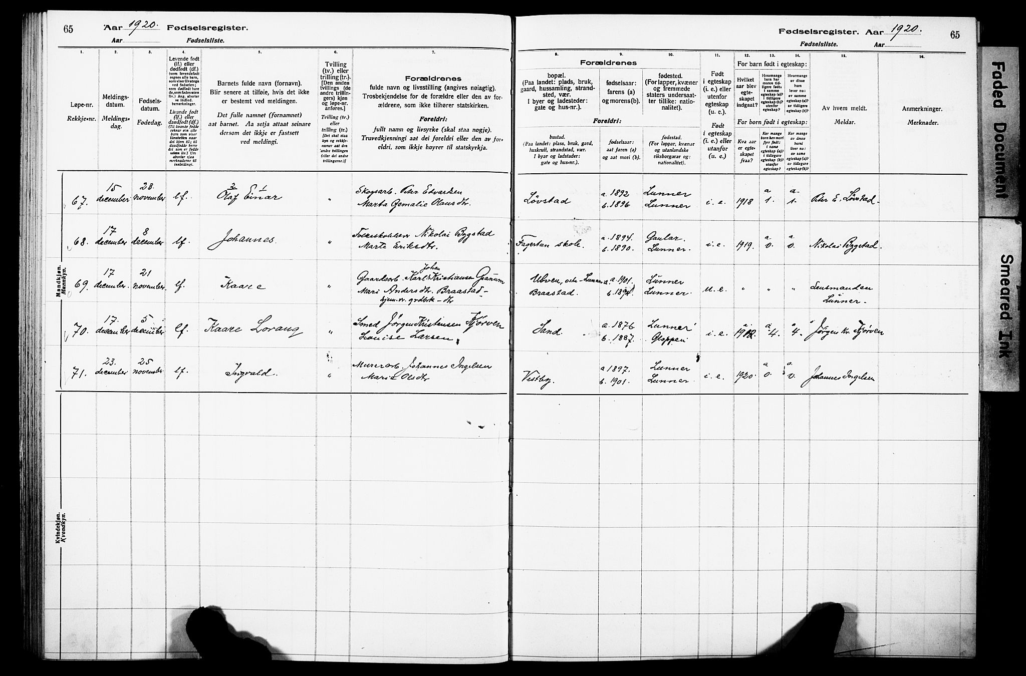 Lunner prestekontor, SAH/PREST-118/I/Id/L0001: Fødselsregister nr. 1, 1916-1932, s. 65