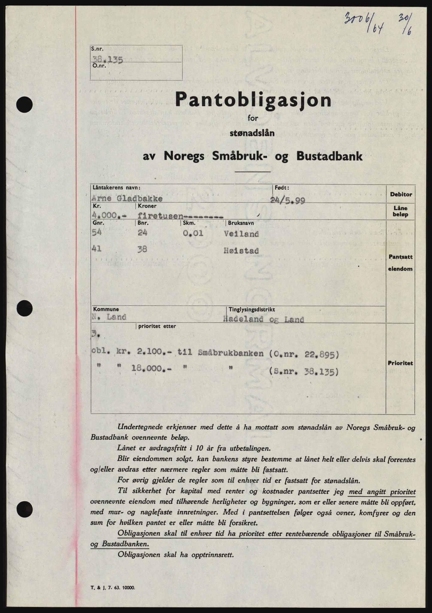 Hadeland og Land tingrett, SAH/TING-010/H/Hb/Hbc/L0055: Pantebok nr. B55, 1964-1964, Dagboknr: 3006/1964