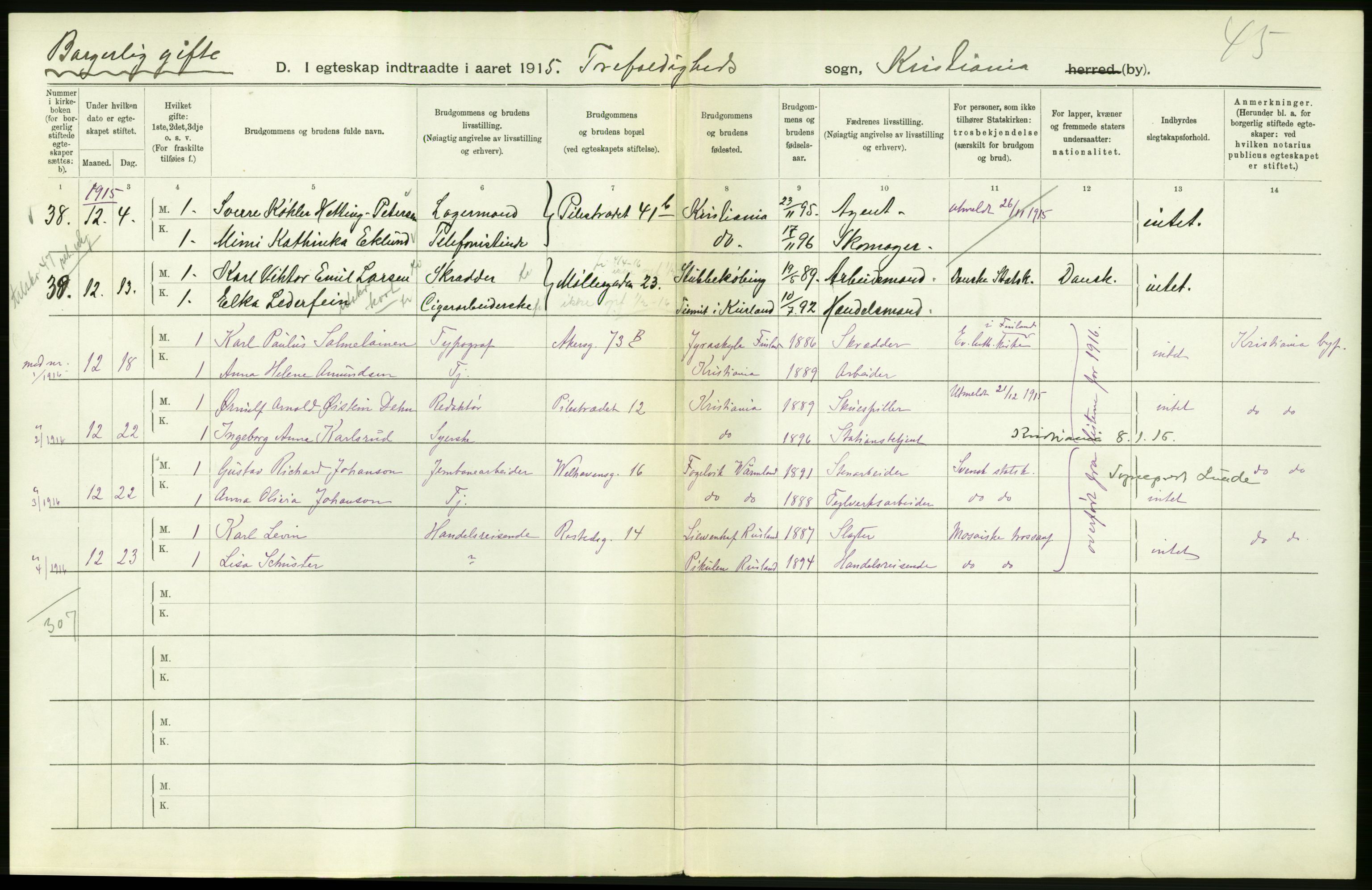 Statistisk sentralbyrå, Sosiodemografiske emner, Befolkning, RA/S-2228/D/Df/Dfb/Dfbe/L0008: Kristiania: Gifte., 1915, s. 128