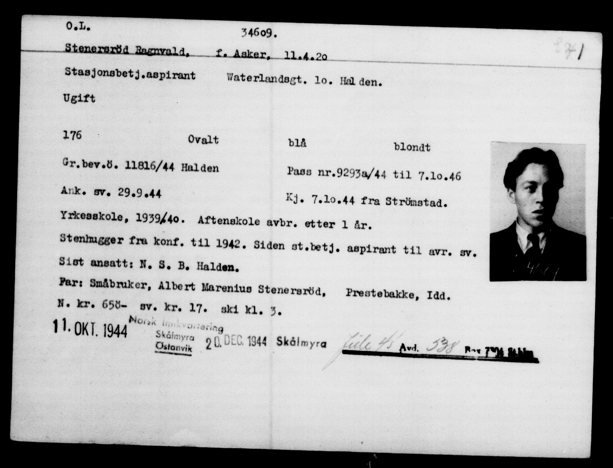 Utenriksstasjonene, Legasjonen i Stockholm, Flyktningkontoret, AV/RA-S-6753/V/Va/L0013: Kjesäterkartoteket, flyktninger med registreringsnr. 31500-34731, 1940-1945, s. 3274