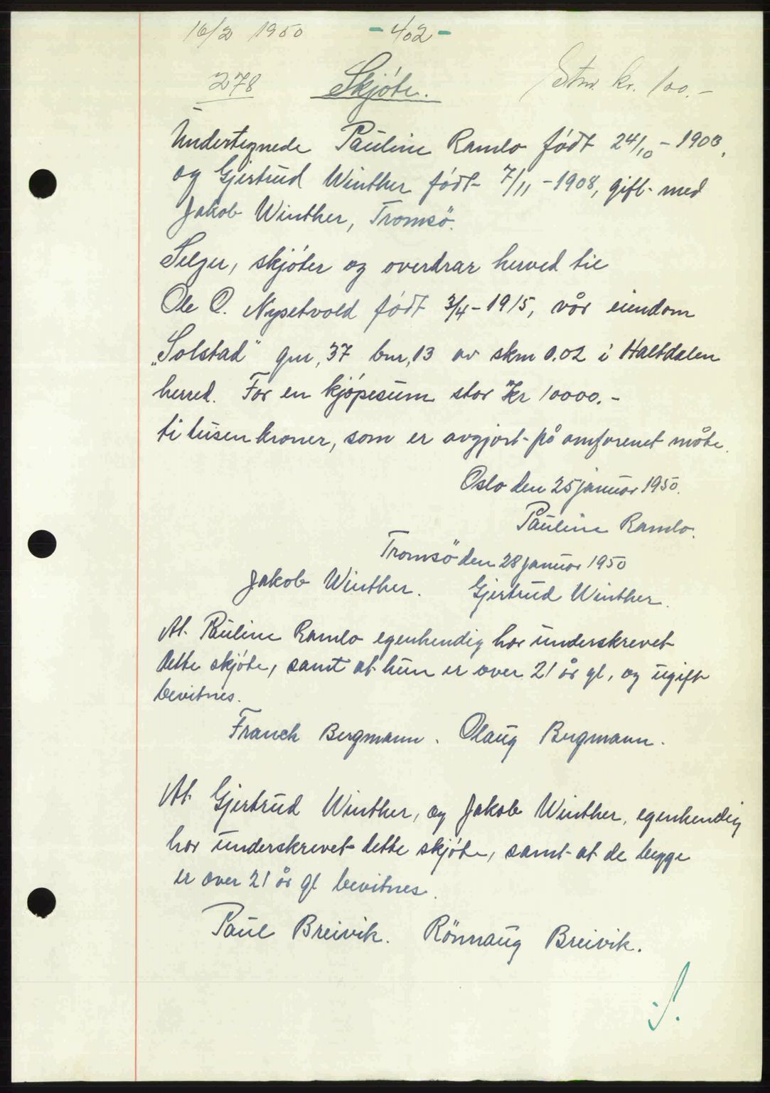 Gauldal sorenskriveri, SAT/A-0014/1/2/2C: Pantebok nr. A9, 1949-1950, Dagboknr: 278/1950