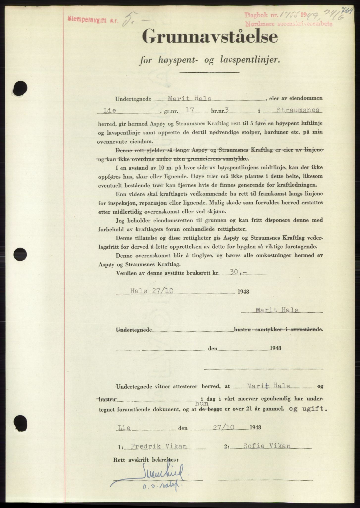 Nordmøre sorenskriveri, AV/SAT-A-4132/1/2/2Ca: Pantebok nr. B101, 1949-1949, Dagboknr: 1755/1949