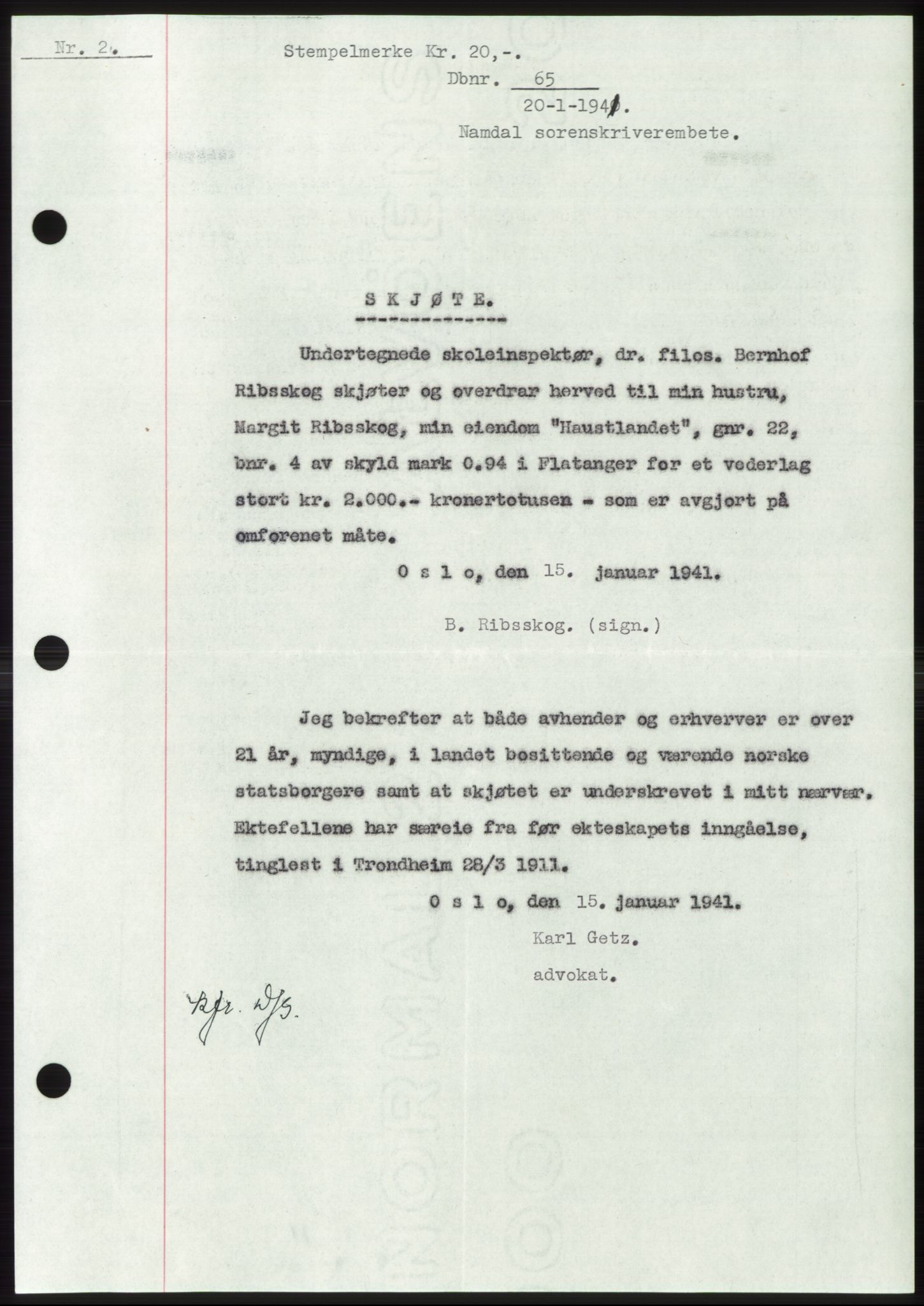 Namdal sorenskriveri, SAT/A-4133/1/2/2C: Pantebok nr. -, 1940-1941, Tingl.dato: 20.01.1941