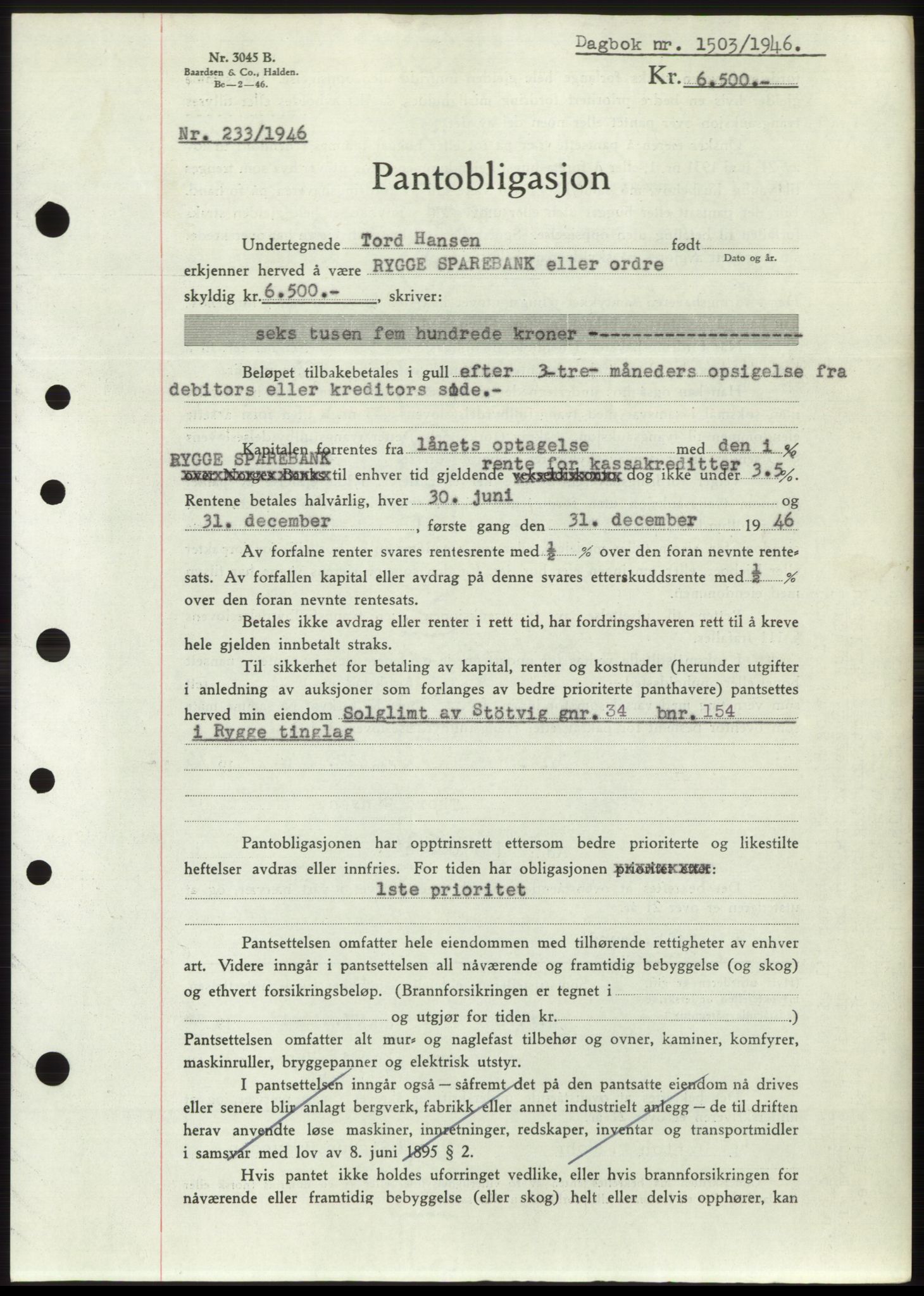 Moss sorenskriveri, SAO/A-10168: Pantebok nr. B15, 1946-1946, Dagboknr: 1503/1946