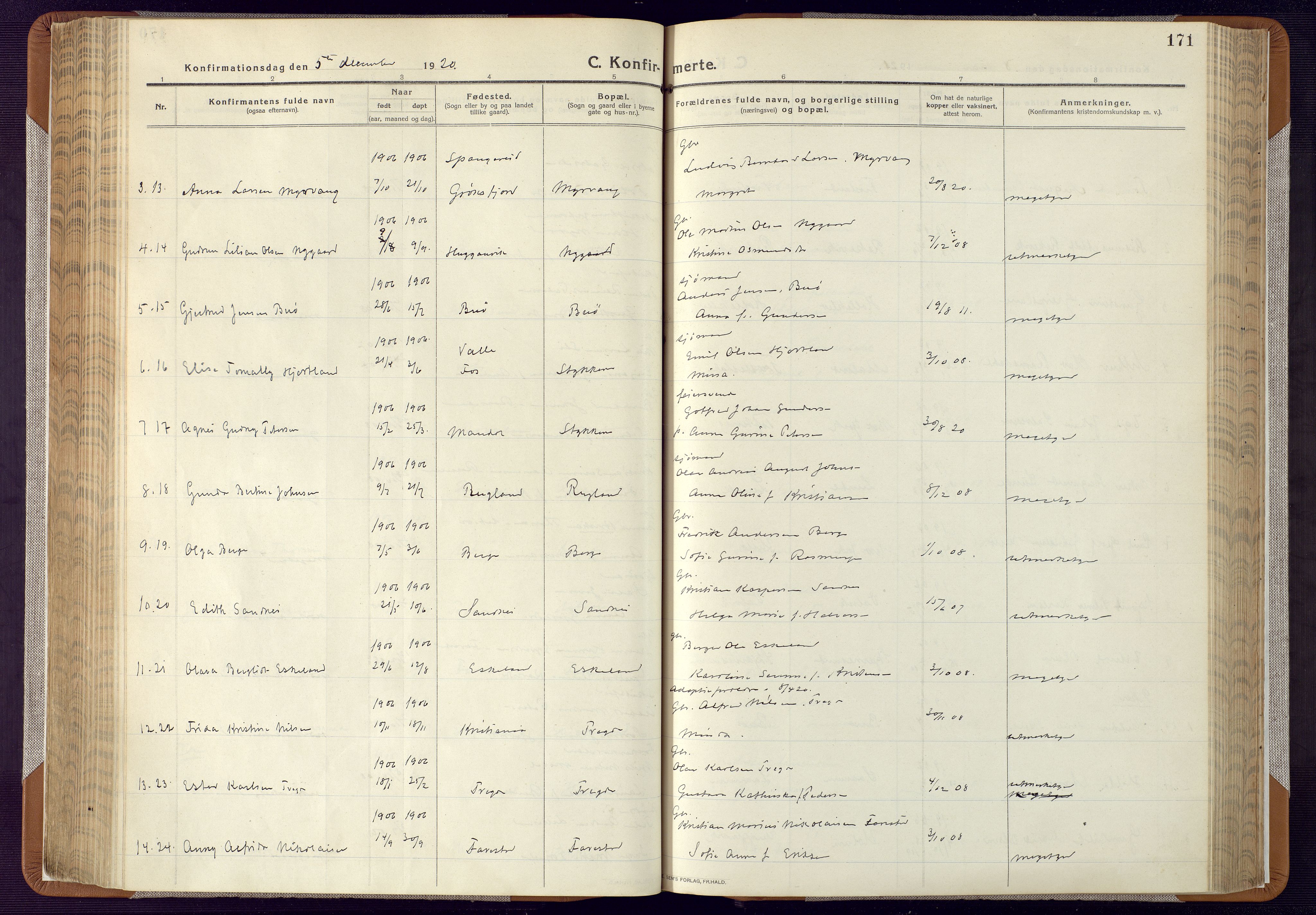 Mandal sokneprestkontor, SAK/1111-0030/F/Fa/Faa/L0022: Ministerialbok nr. A 22, 1913-1925, s. 171