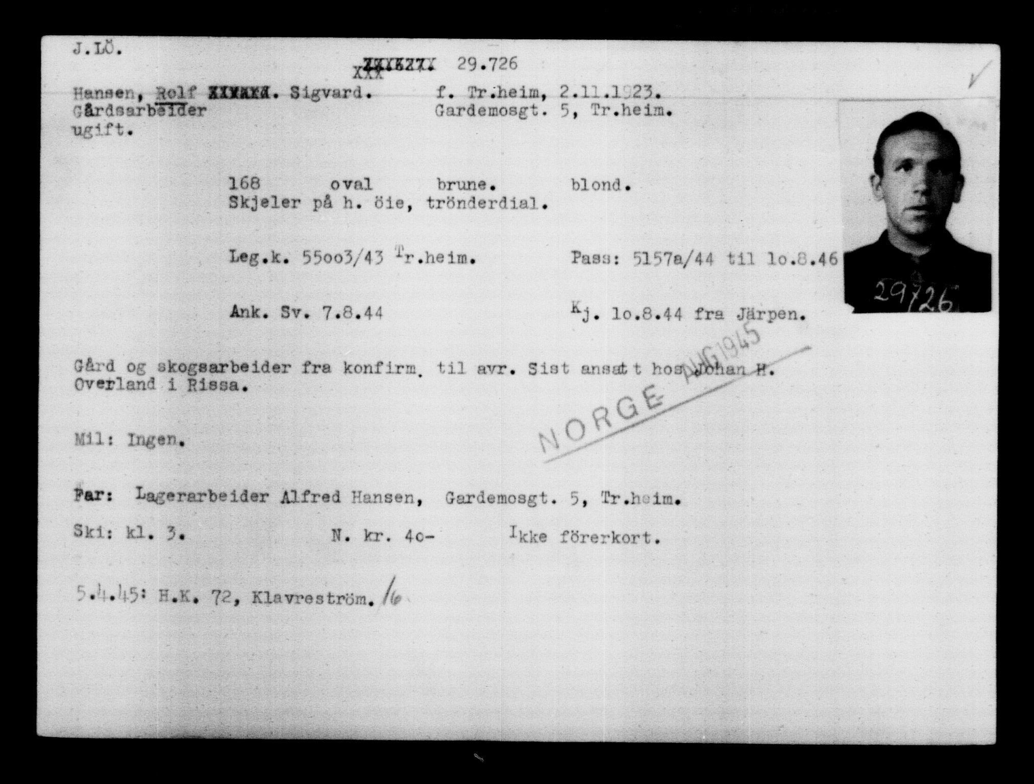 Utenriksstasjonene, Legasjonen i Stockholm, Flyktningkontoret, AV/RA-S-6753/V/Va/L0012: Kjesäterkartoteket, flyktninger med registreringsnr. 28300-31566, 1940-1945, s. 1566