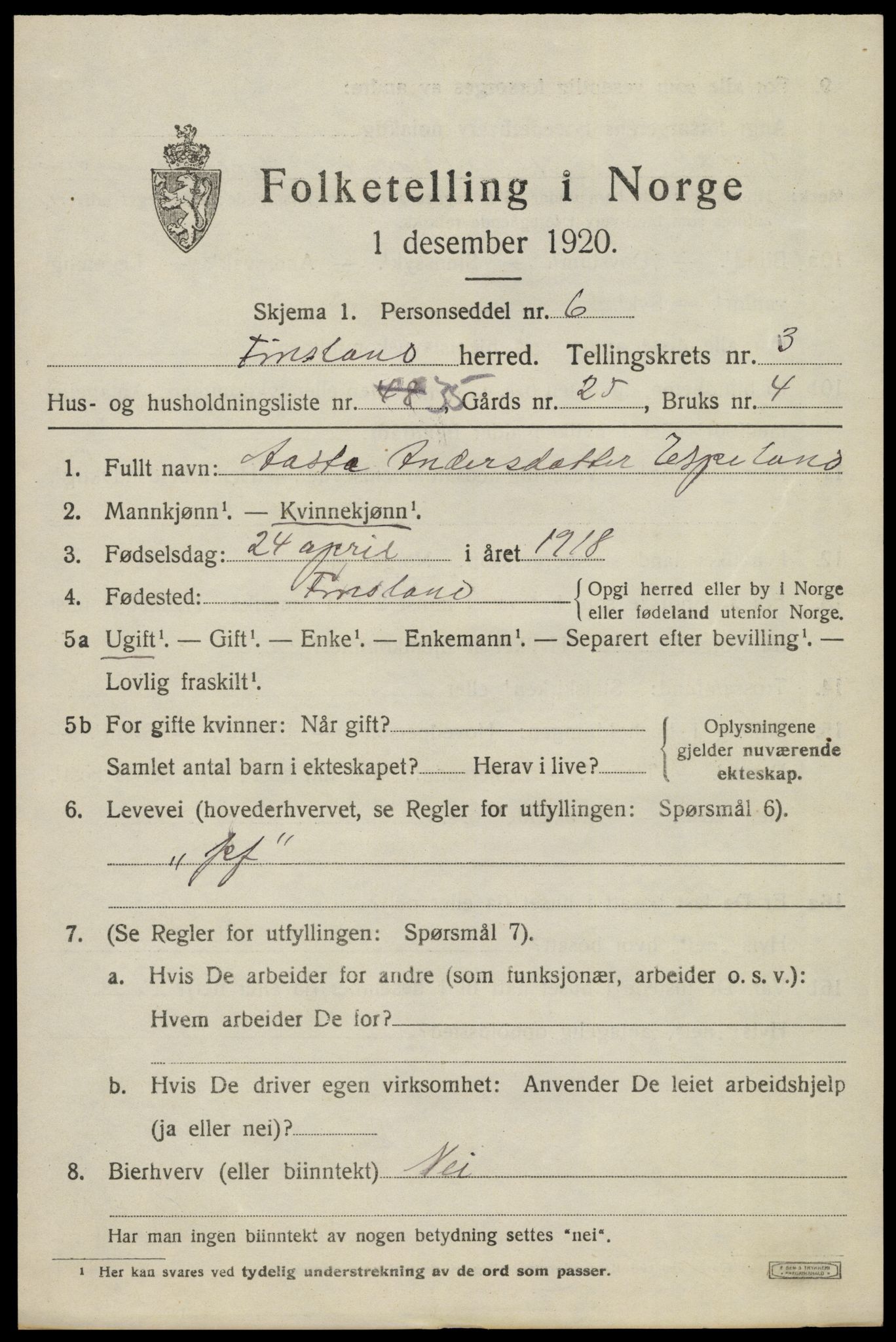 SAK, Folketelling 1920 for 1023 Finsland herred, 1920, s. 1592