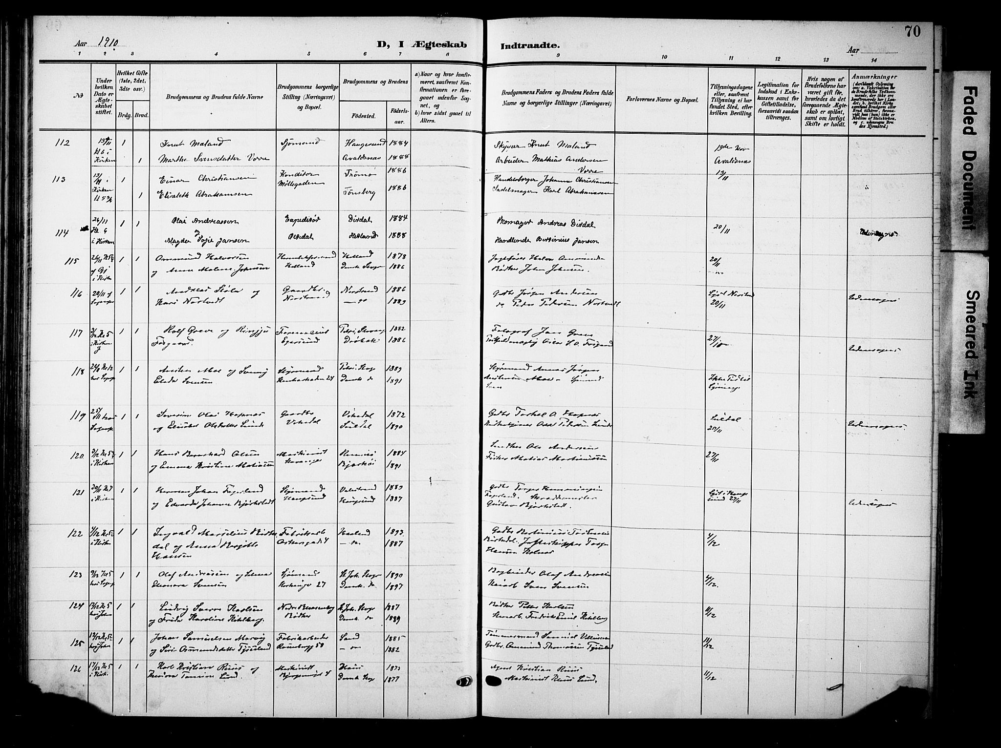 Domkirken sokneprestkontor, AV/SAST-A-101812/001/30/30BB/L0017: Klokkerbok nr. B 17, 1902-1921, s. 70