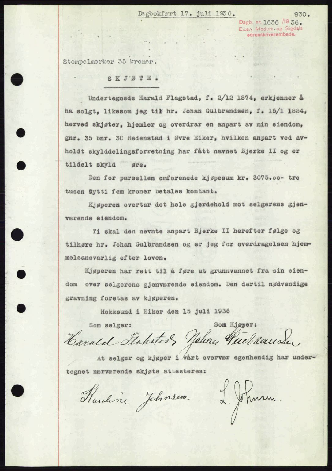 Eiker, Modum og Sigdal sorenskriveri, SAKO/A-123/G/Ga/Gab/L0032: Pantebok nr. A2, 1936-1936, Dagboknr: 1636/1936