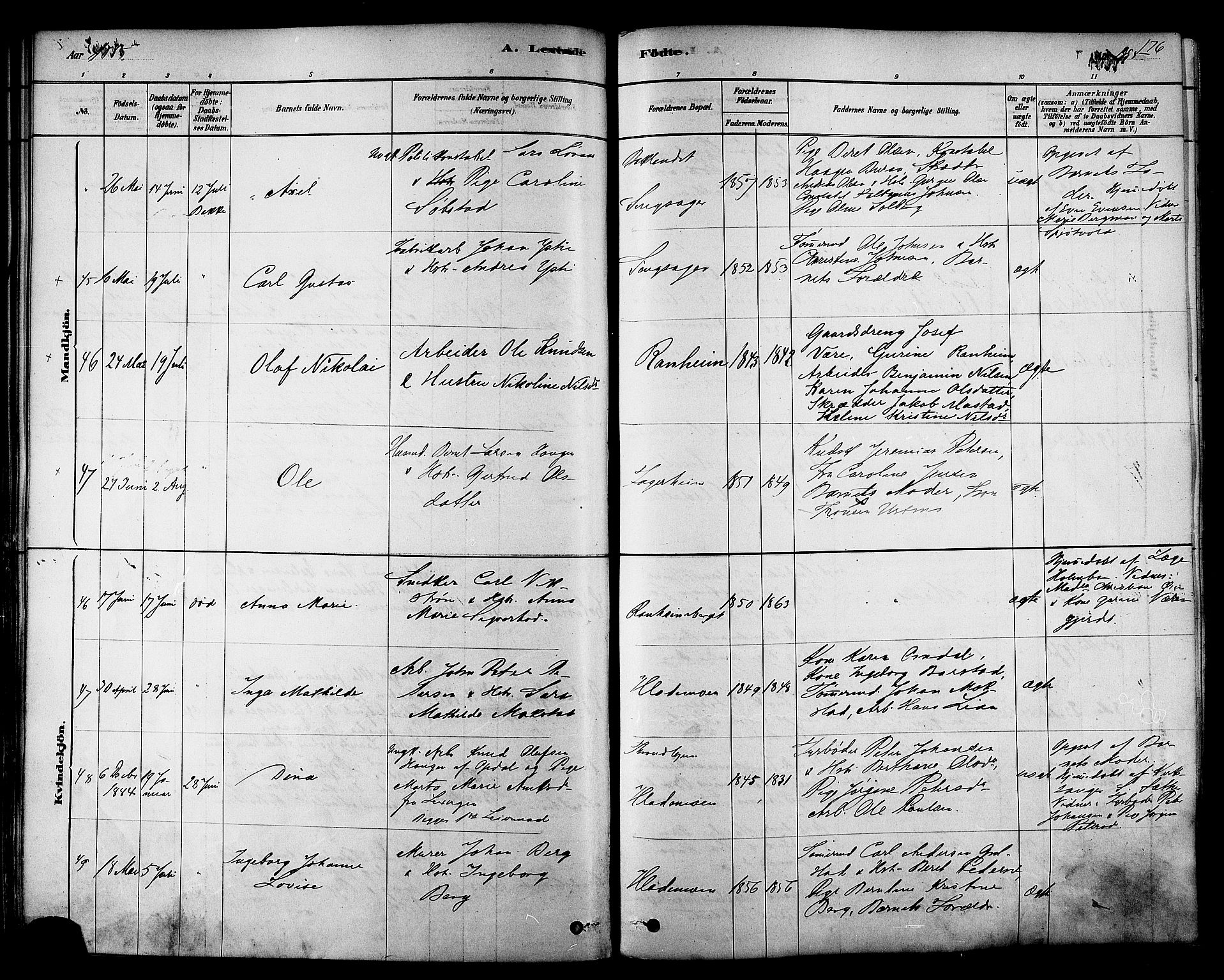 Ministerialprotokoller, klokkerbøker og fødselsregistre - Sør-Trøndelag, SAT/A-1456/606/L0294: Ministerialbok nr. 606A09, 1878-1886, s. 176