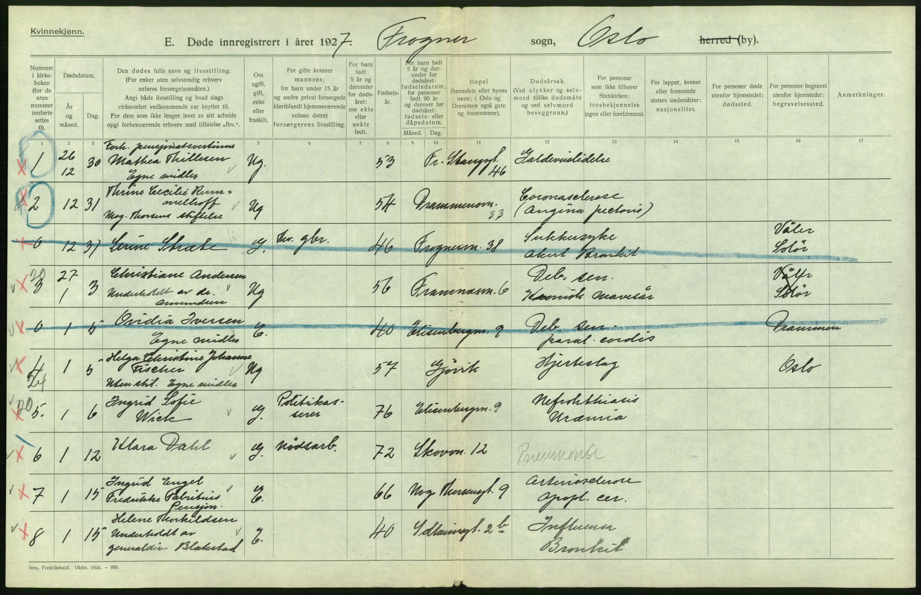 Statistisk sentralbyrå, Sosiodemografiske emner, Befolkning, AV/RA-S-2228/D/Df/Dfc/Dfcg/L0010: Oslo: Døde kvinner, dødfødte, 1927, s. 240