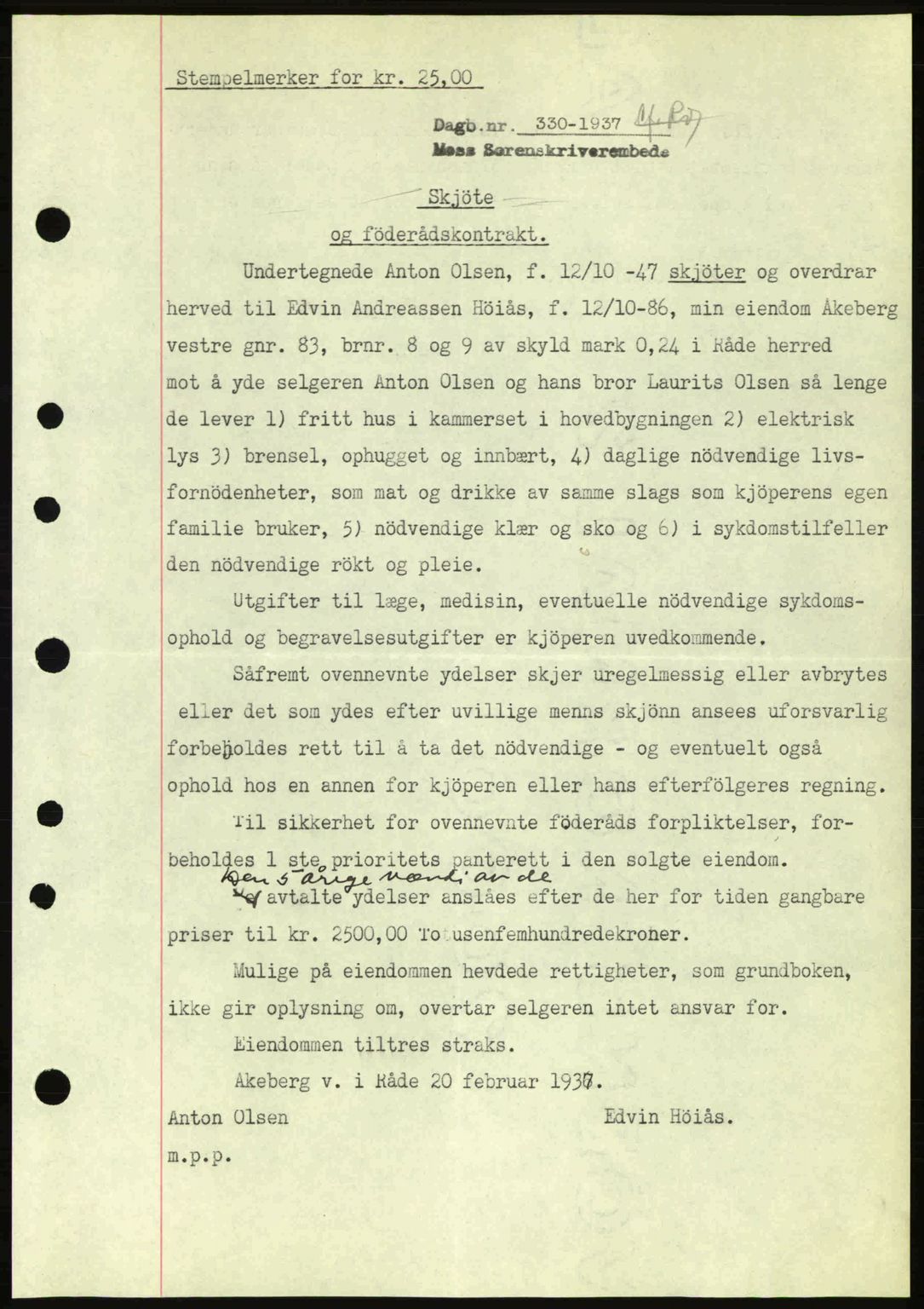 Moss sorenskriveri, SAO/A-10168: Pantebok nr. A2, 1936-1937, Dagboknr: 330/1936