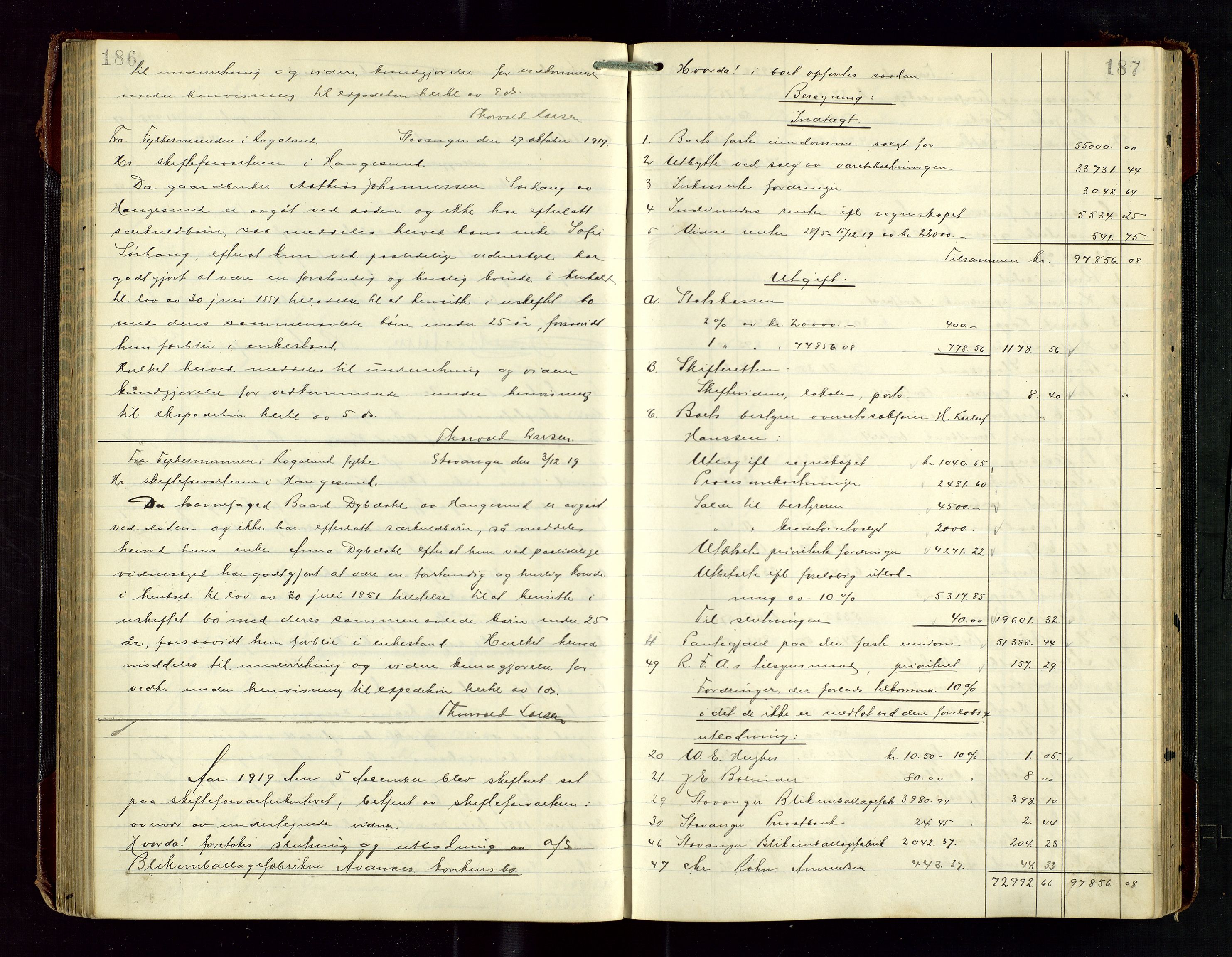 Haugesund tingrett, AV/SAST-A-101415/01/IV/IVD/L0003: Skifteutlodningsprotokoll, med register, 1915-1924, s. 186-187